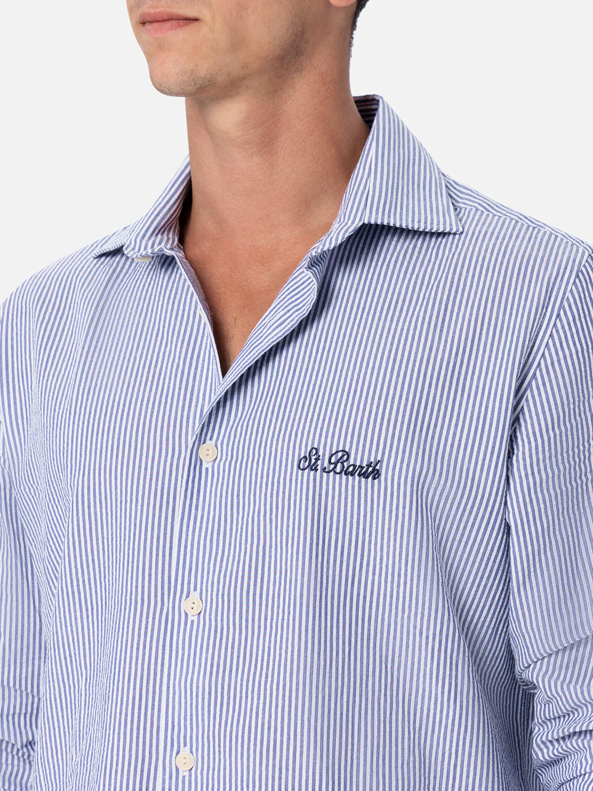 Pamplona seersucker striped shirt in light blue - Image 2