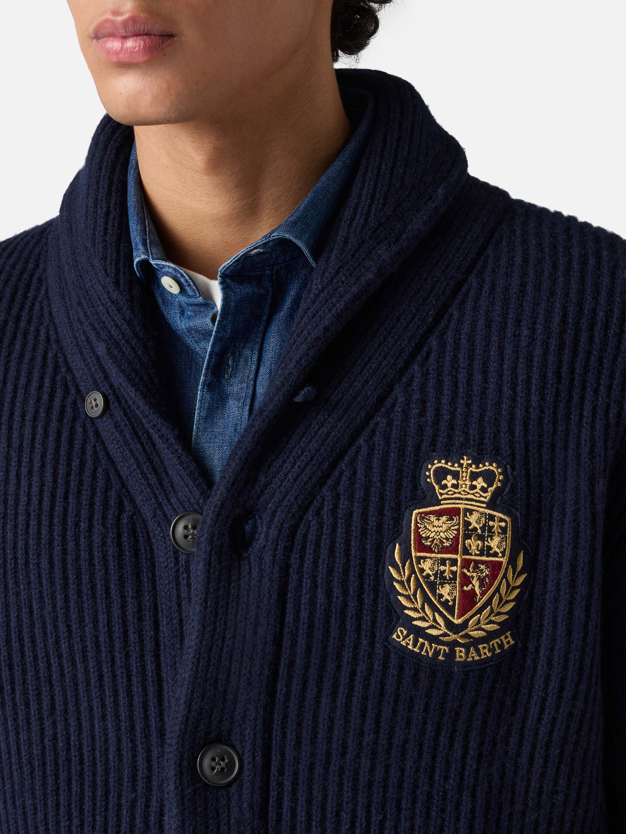 Burford blue ribbed shawl collar cardigan with patch - Image 2