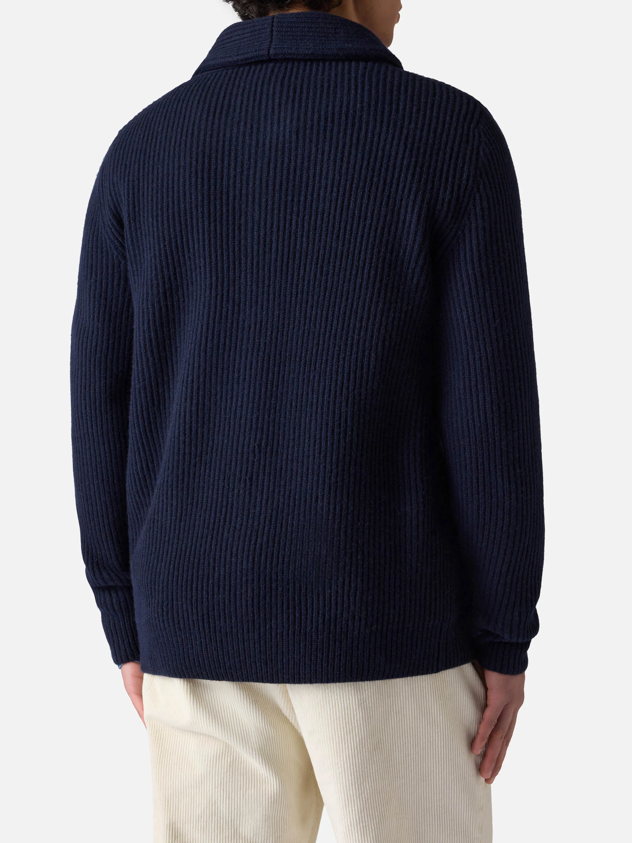 Burford blue ribbed shawl collar cardigan with patch - Image 3