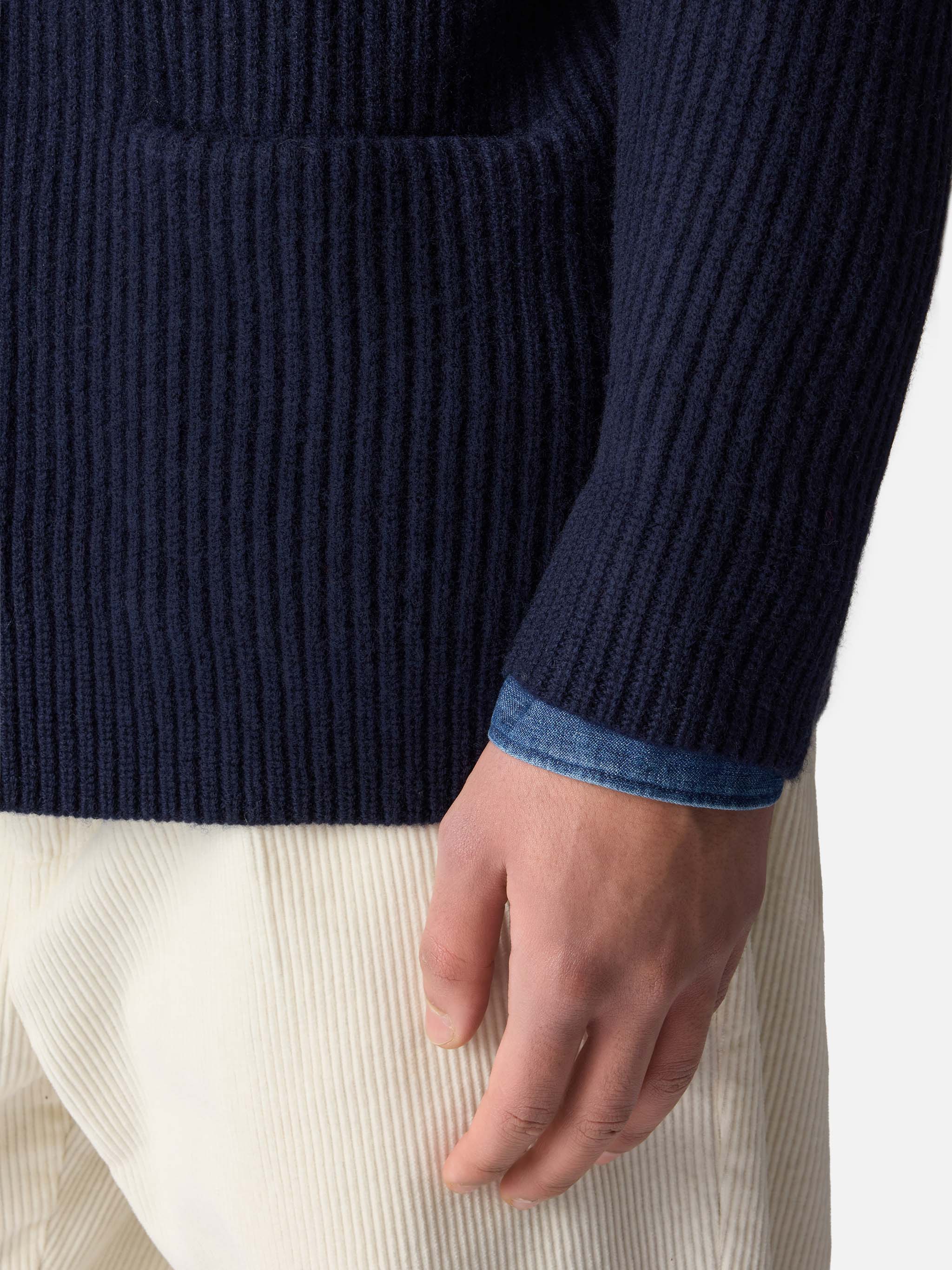 Burford blue ribbed shawl collar cardigan with patch - Image 4