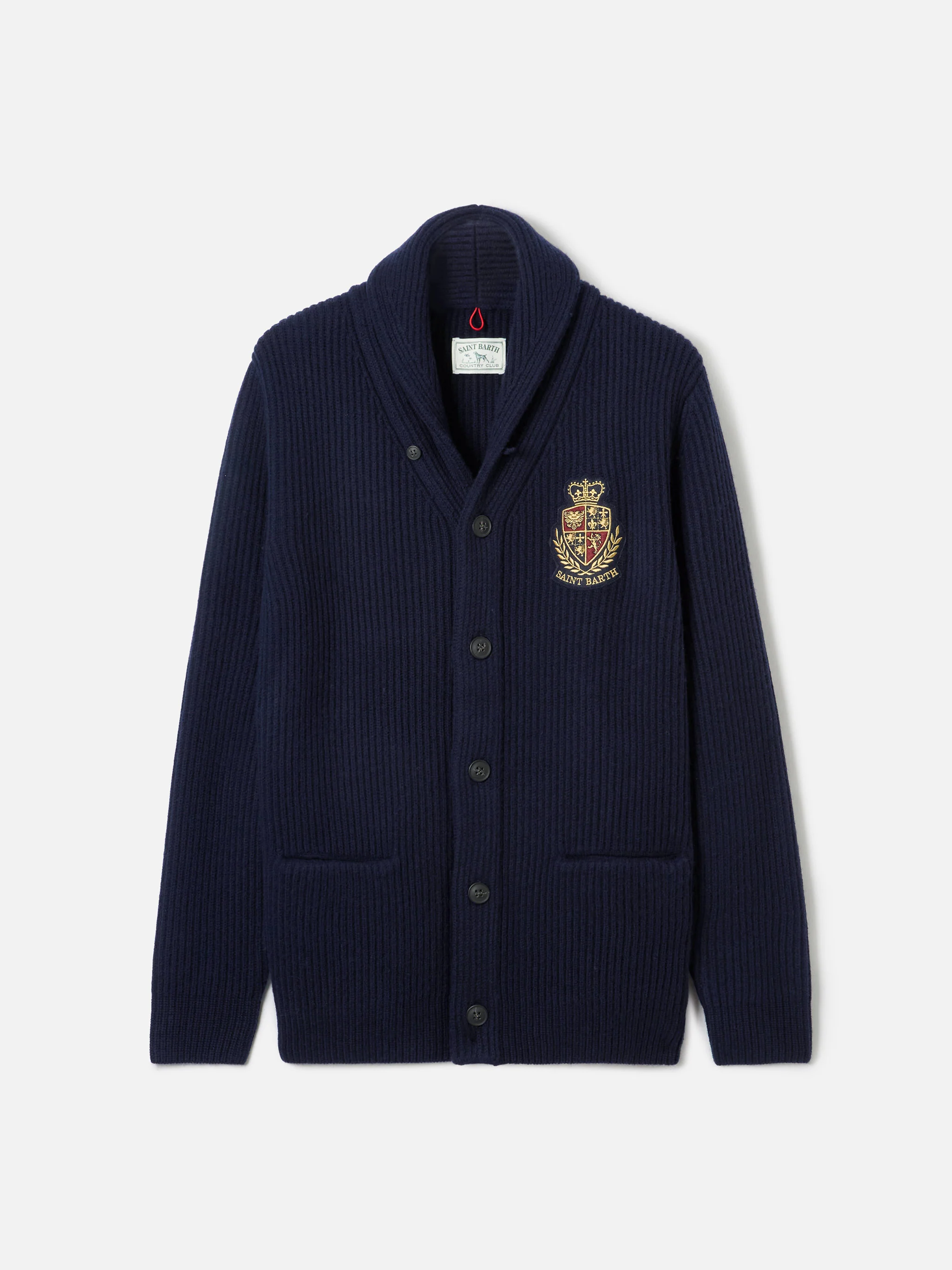 Burford blue ribbed shawl collar cardigan with patch - Image 5