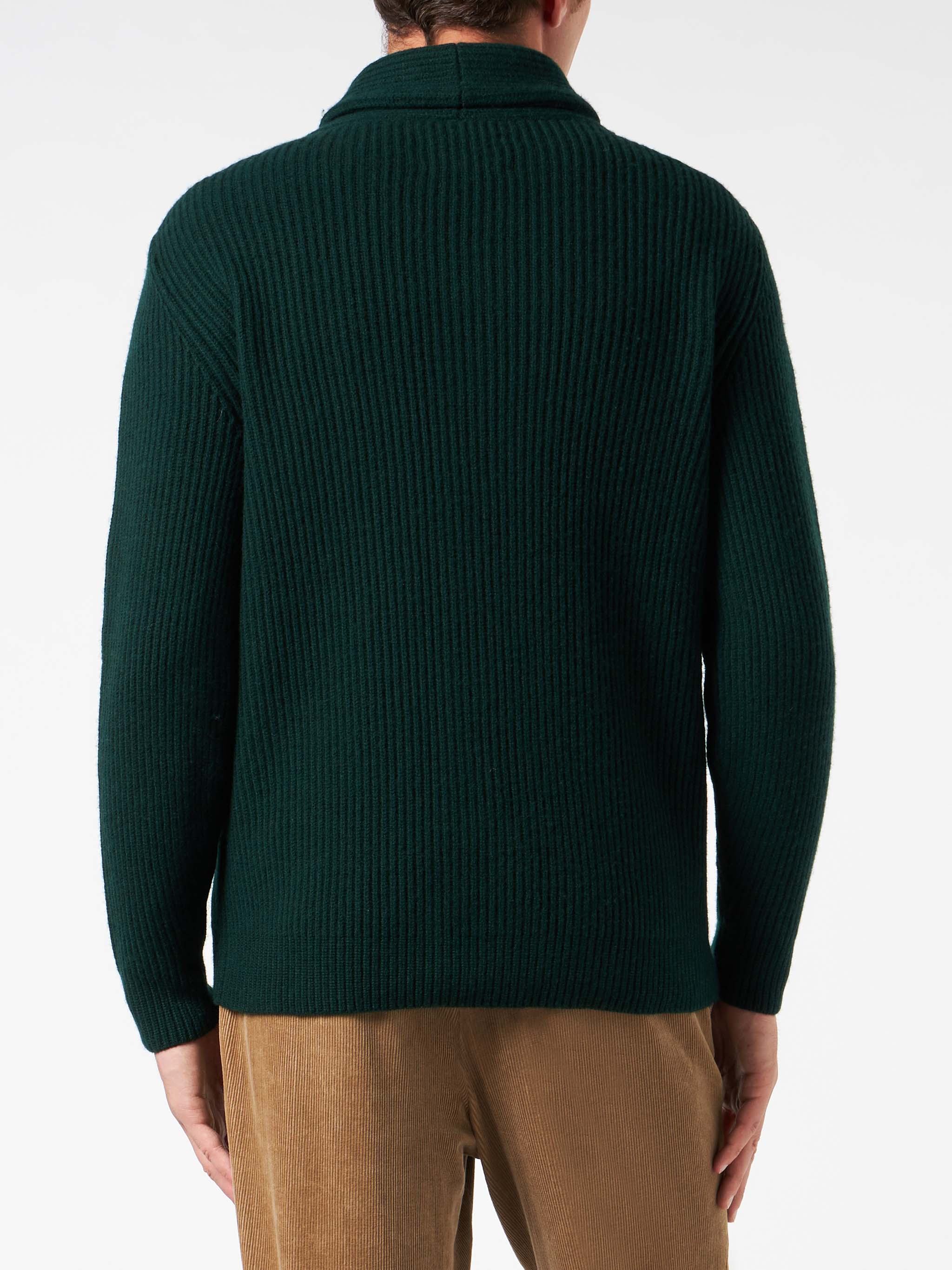 Burford green ribbed shawl collar cardigan with patch - Image 2