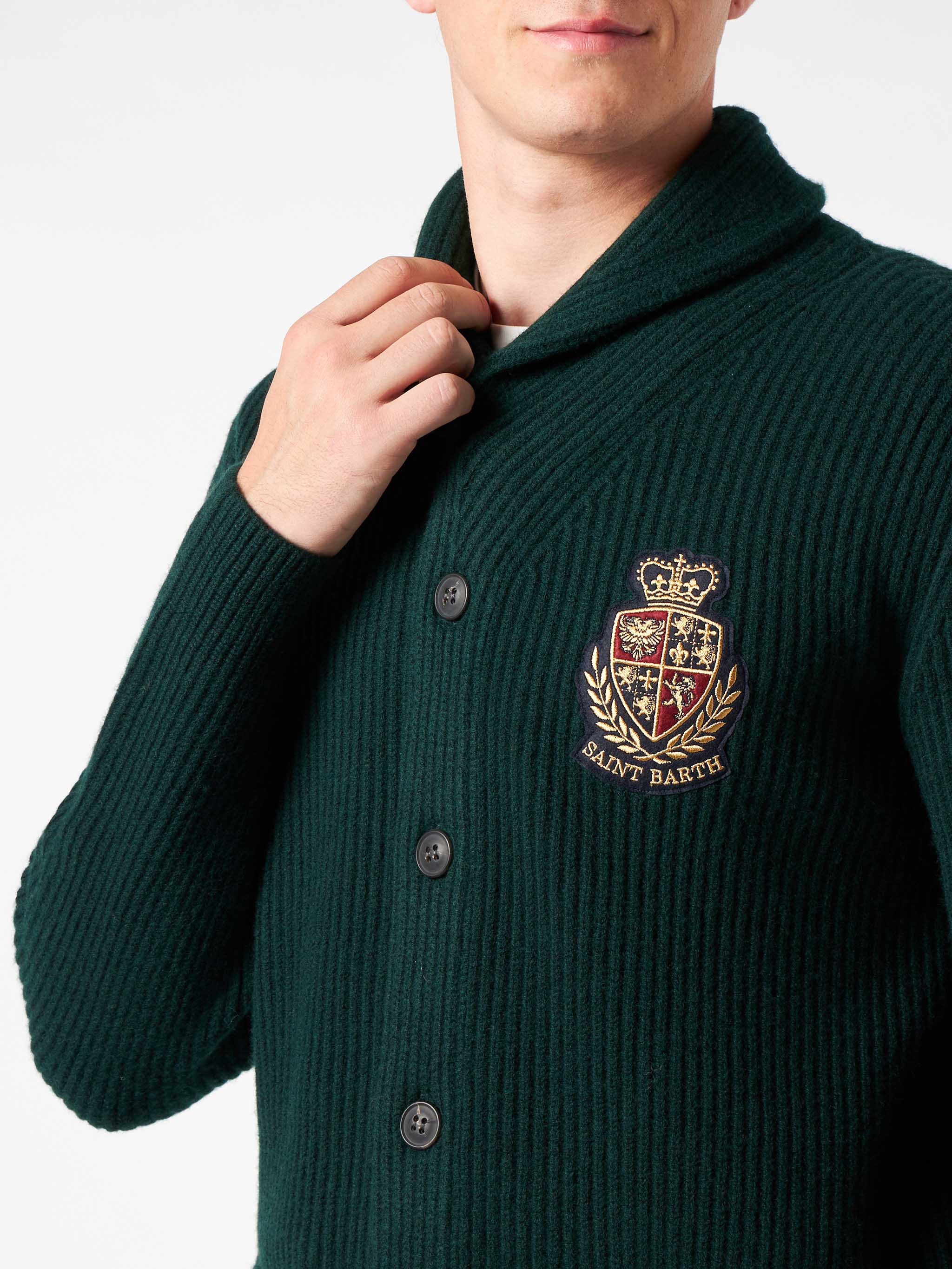 Burford green ribbed shawl collar cardigan with patch - Image 3