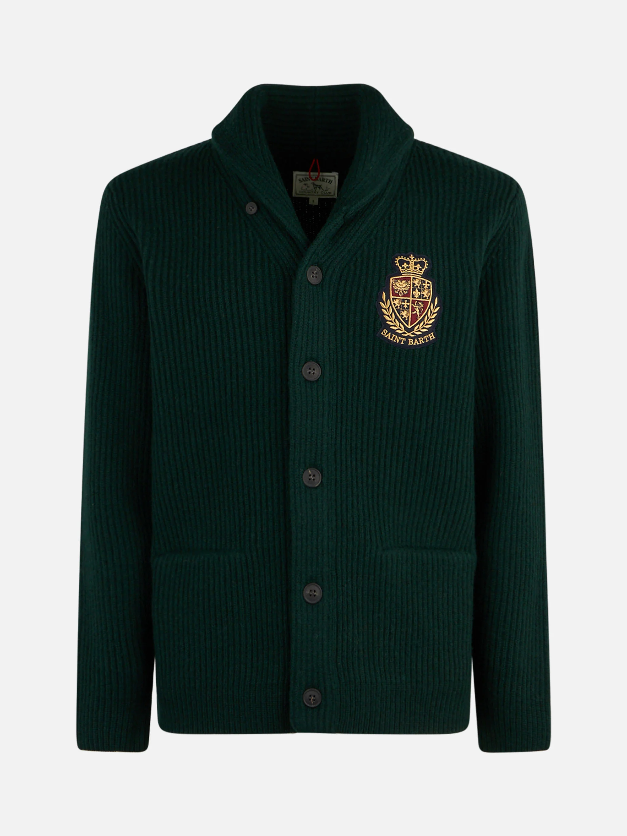 Burford green ribbed shawl collar cardigan with patch - Image 4