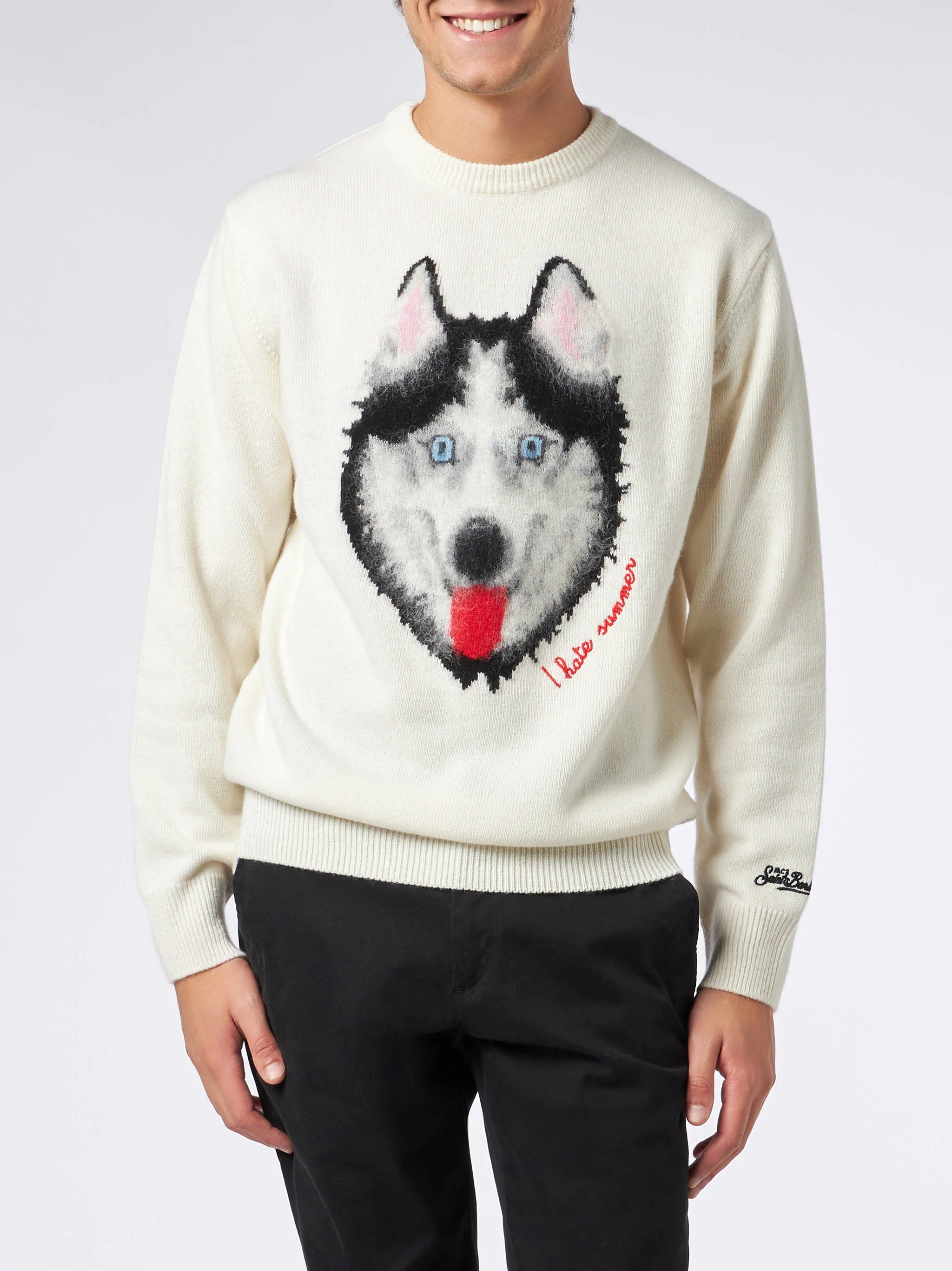 Heron sweater with wolf jacquard and embroidery
