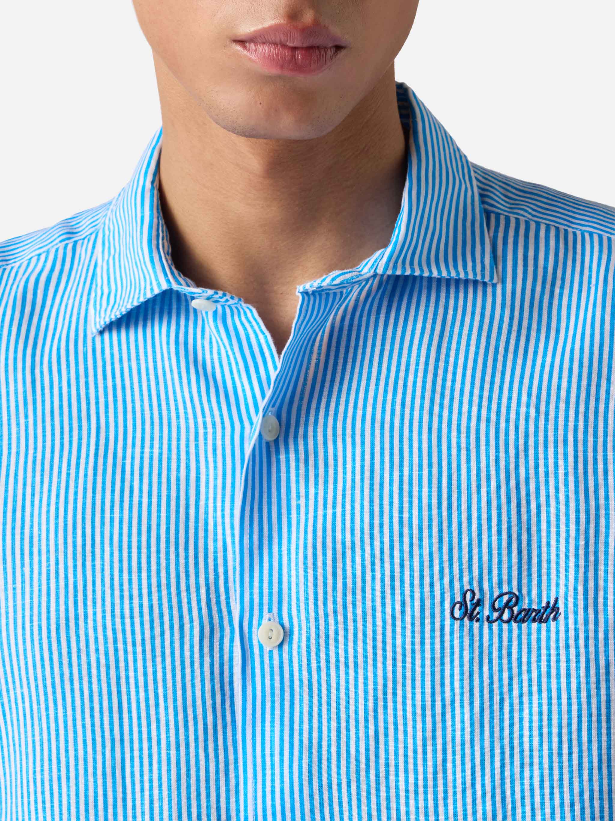 Pamplona striped linen shirt in turquoise - Image 2