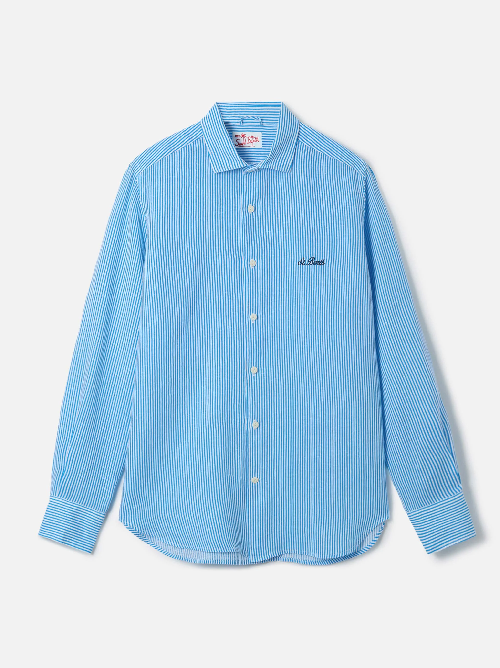 Pamplona striped linen shirt in turquoise - Image 4