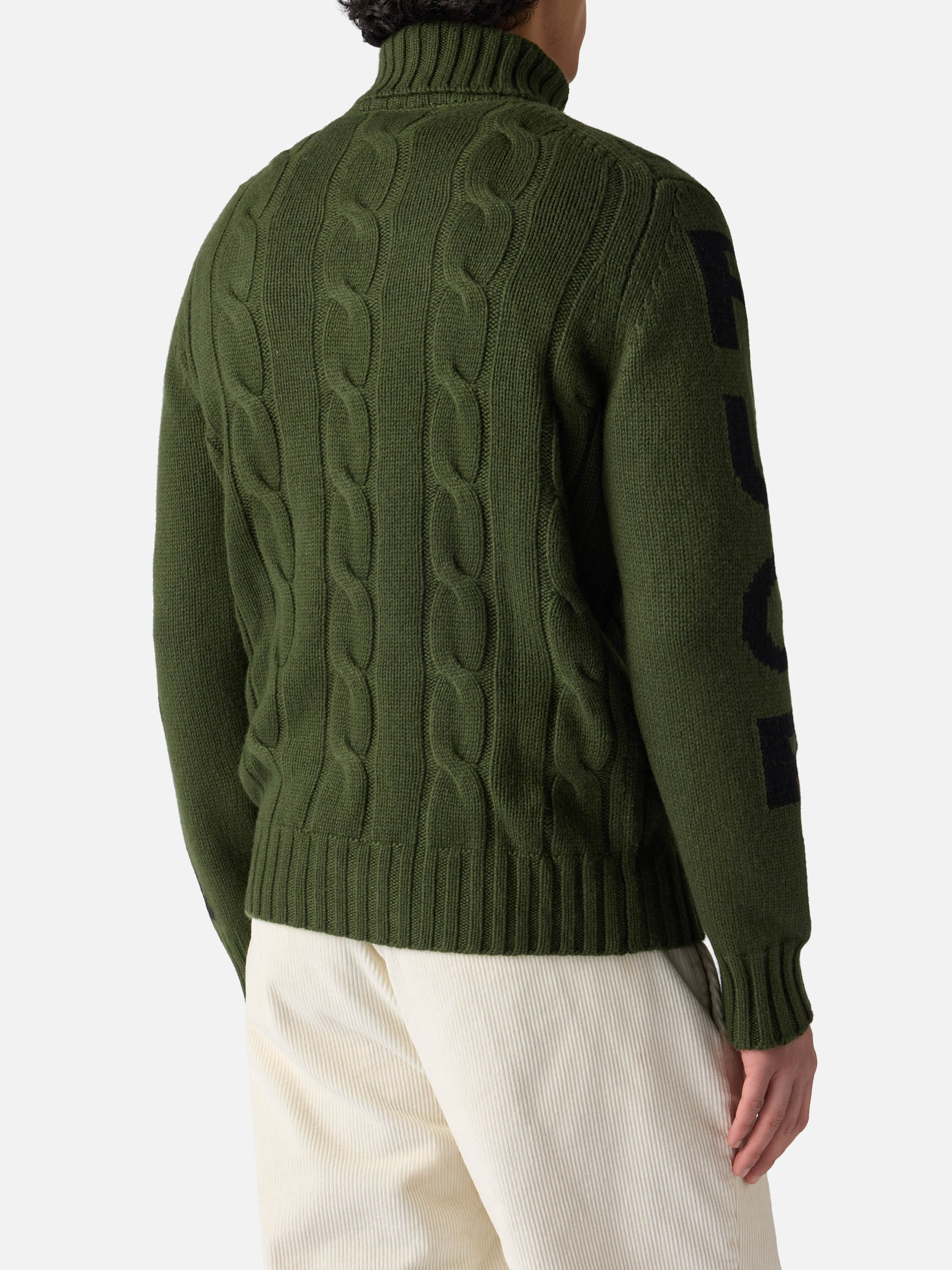 Fisherman cable-knit turtleneck sweater with Fuori pista jacquard military green - Image 3
