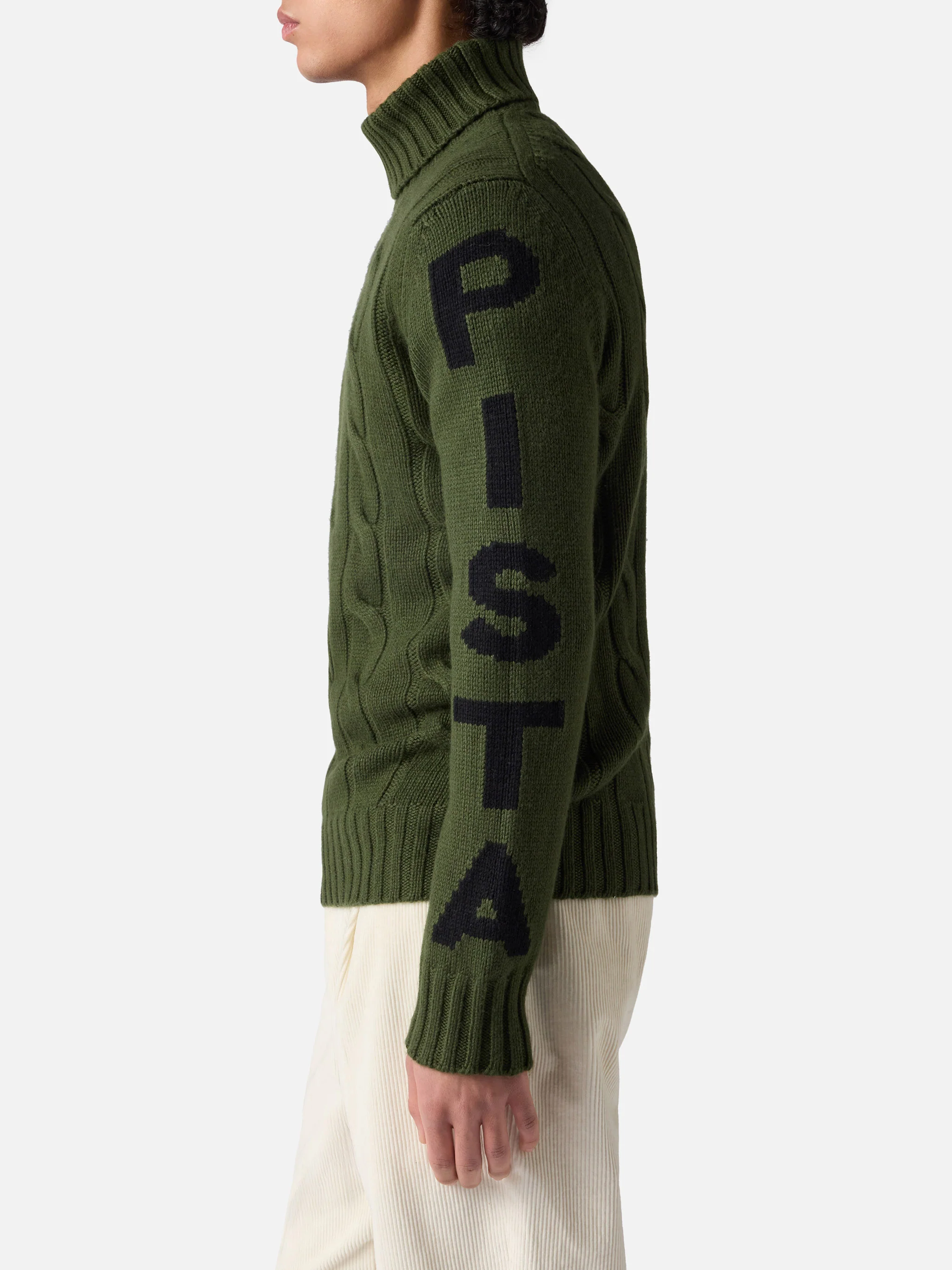 Fisherman cable-knit turtleneck sweater with Fuori pista jacquard military green - Image 4