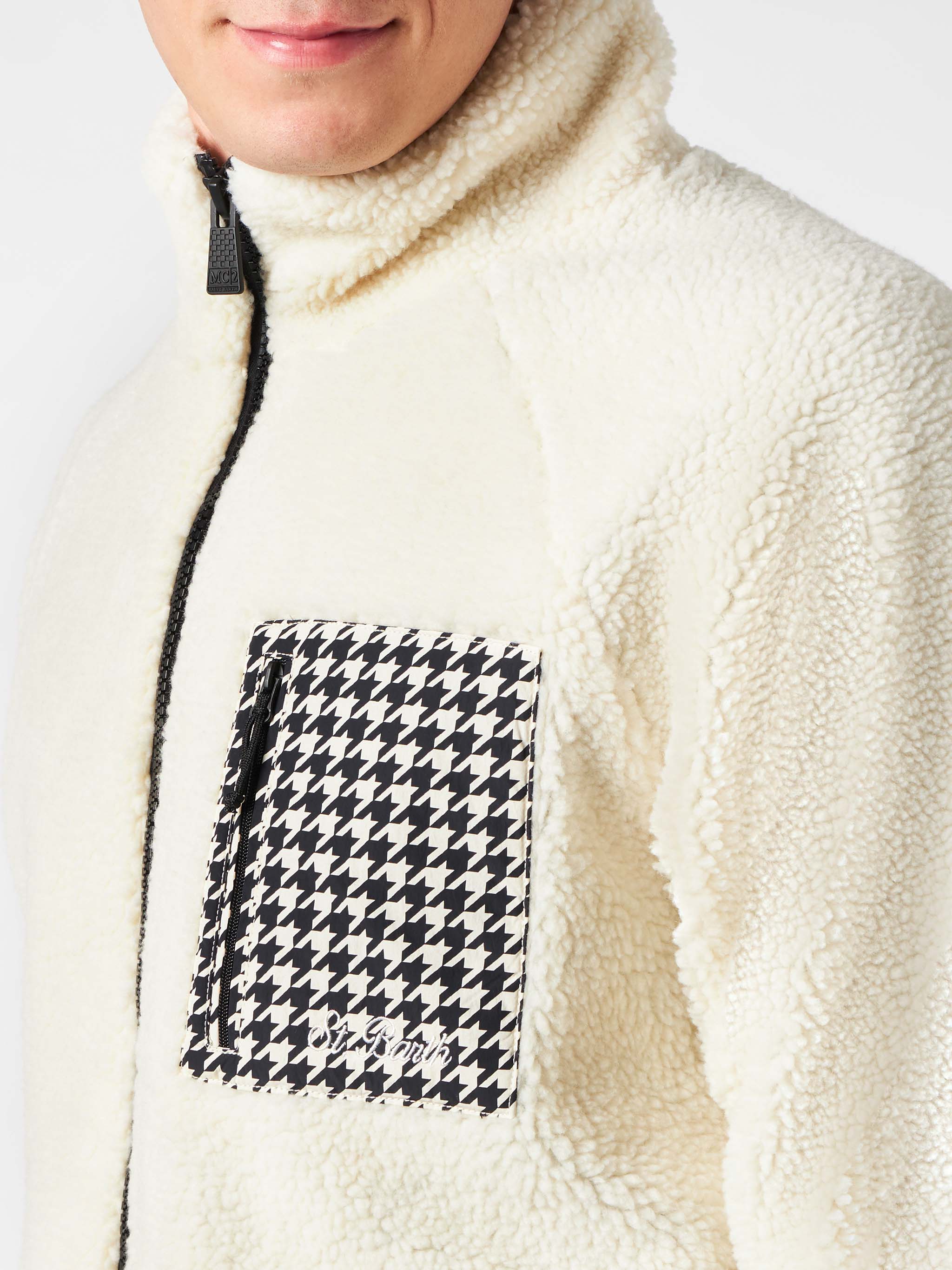 Keystone white sherpa jacket with pied de poule patch pockets - Image 3