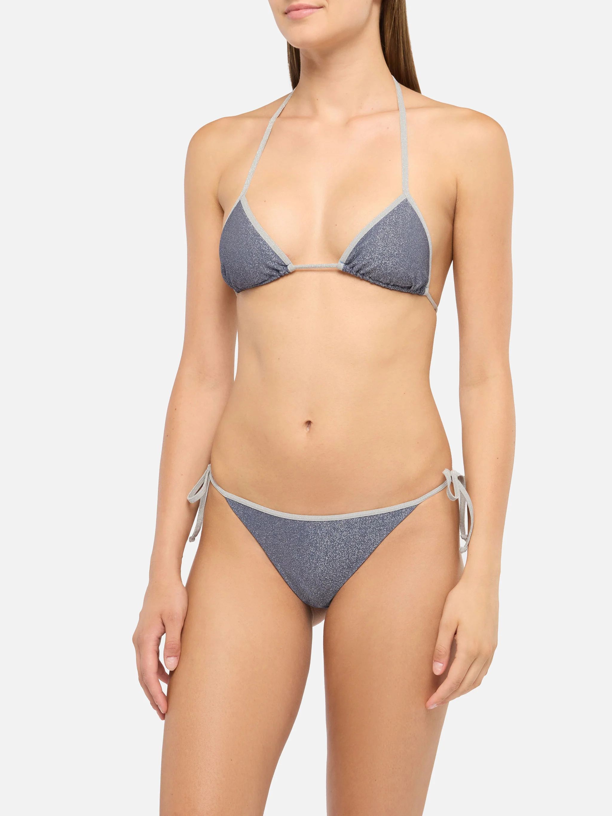 Leah Marielle classic triangle bikini in blue aviator lurex with silver trim - Image 2