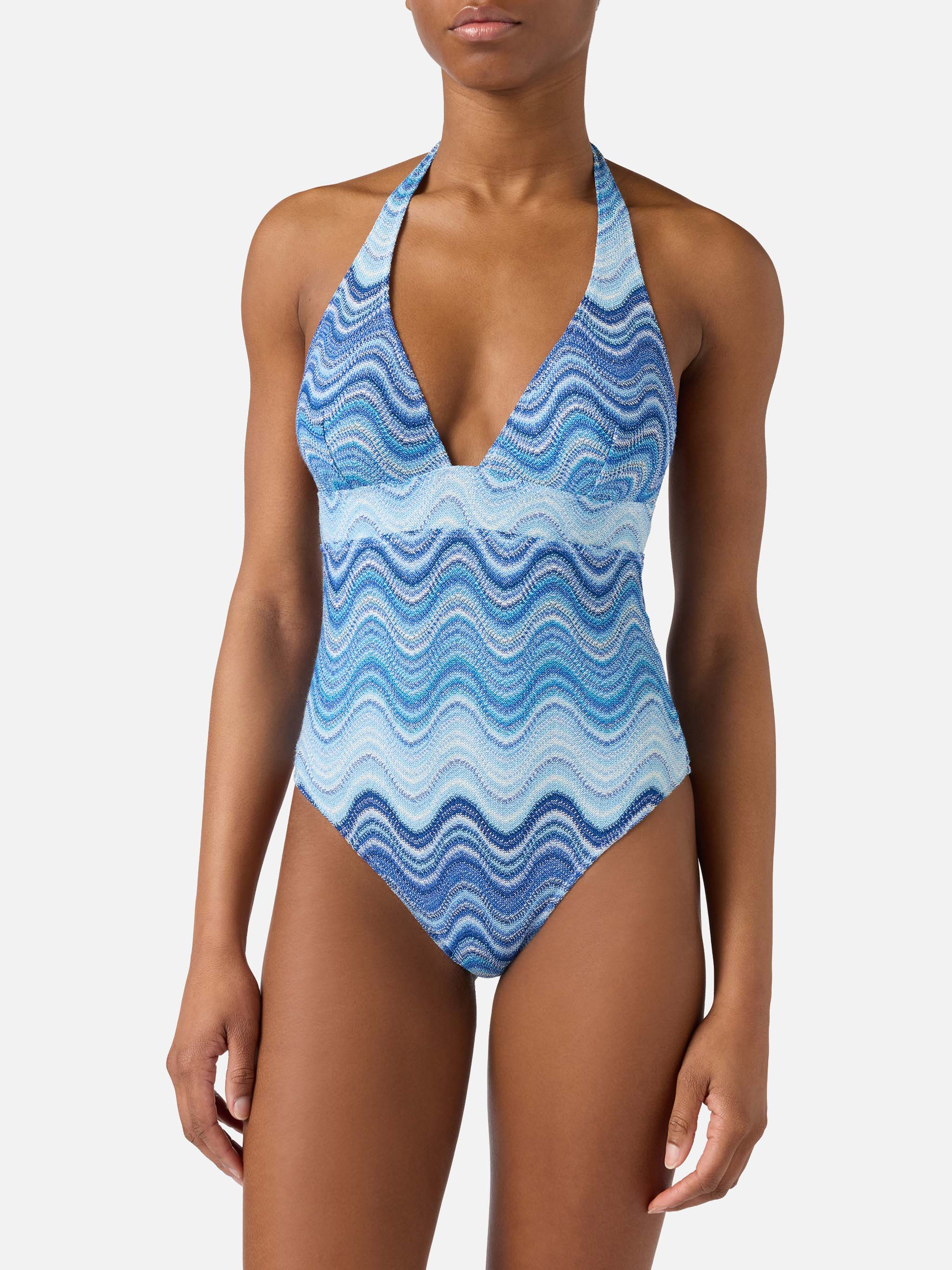 Marylin one-piece swimsuit in light blue degradé raschel fabric - Image 2