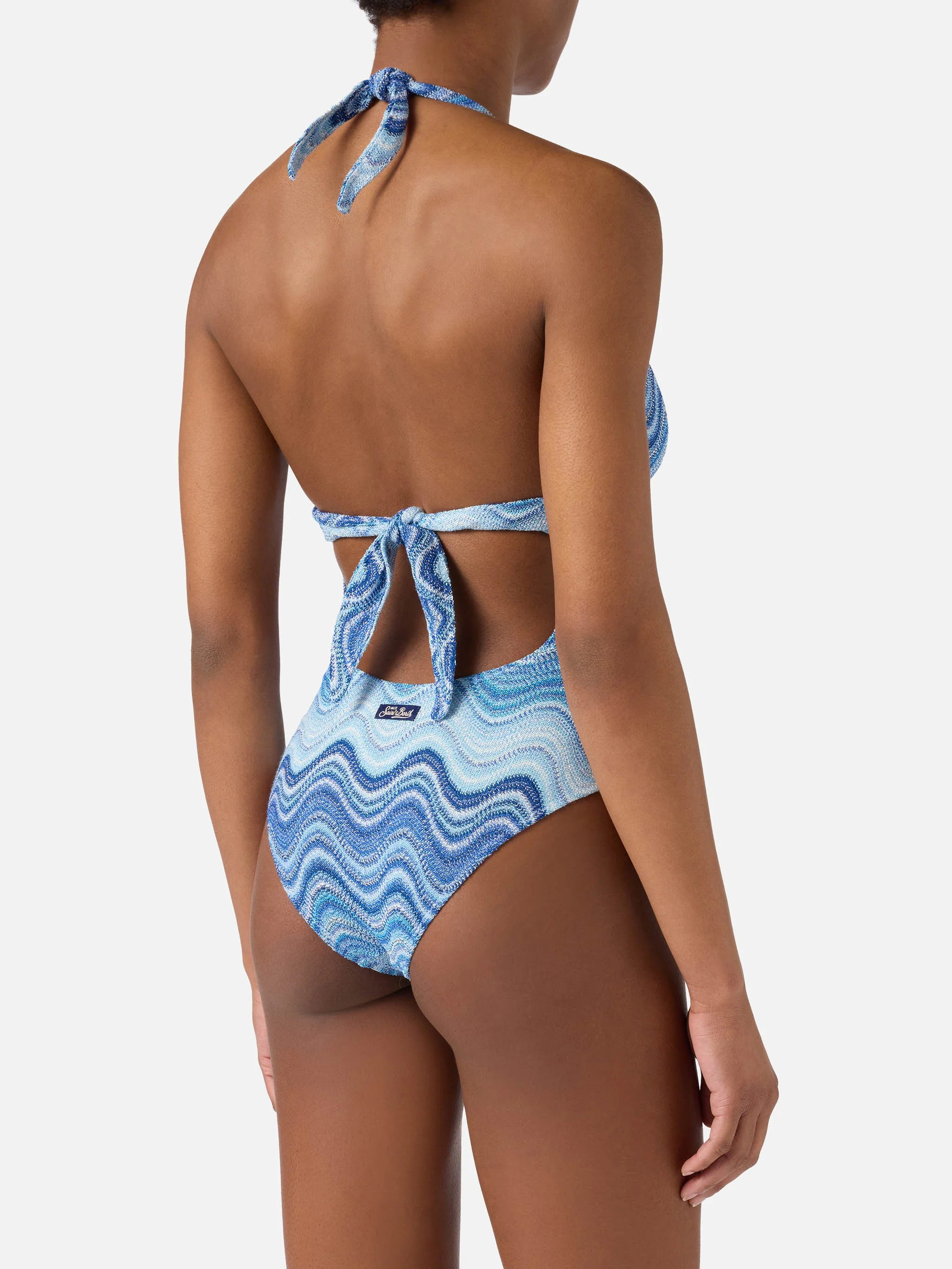 Marylin one-piece swimsuit in light blue degradé raschel fabric - Image 3