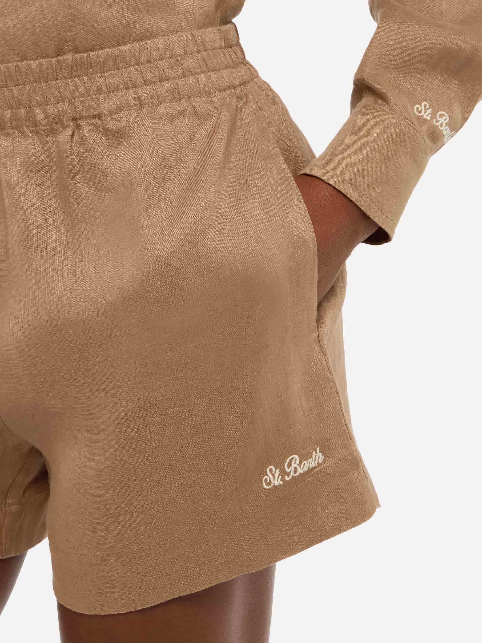 Meave camel brown linen pull up shorts - Image 2