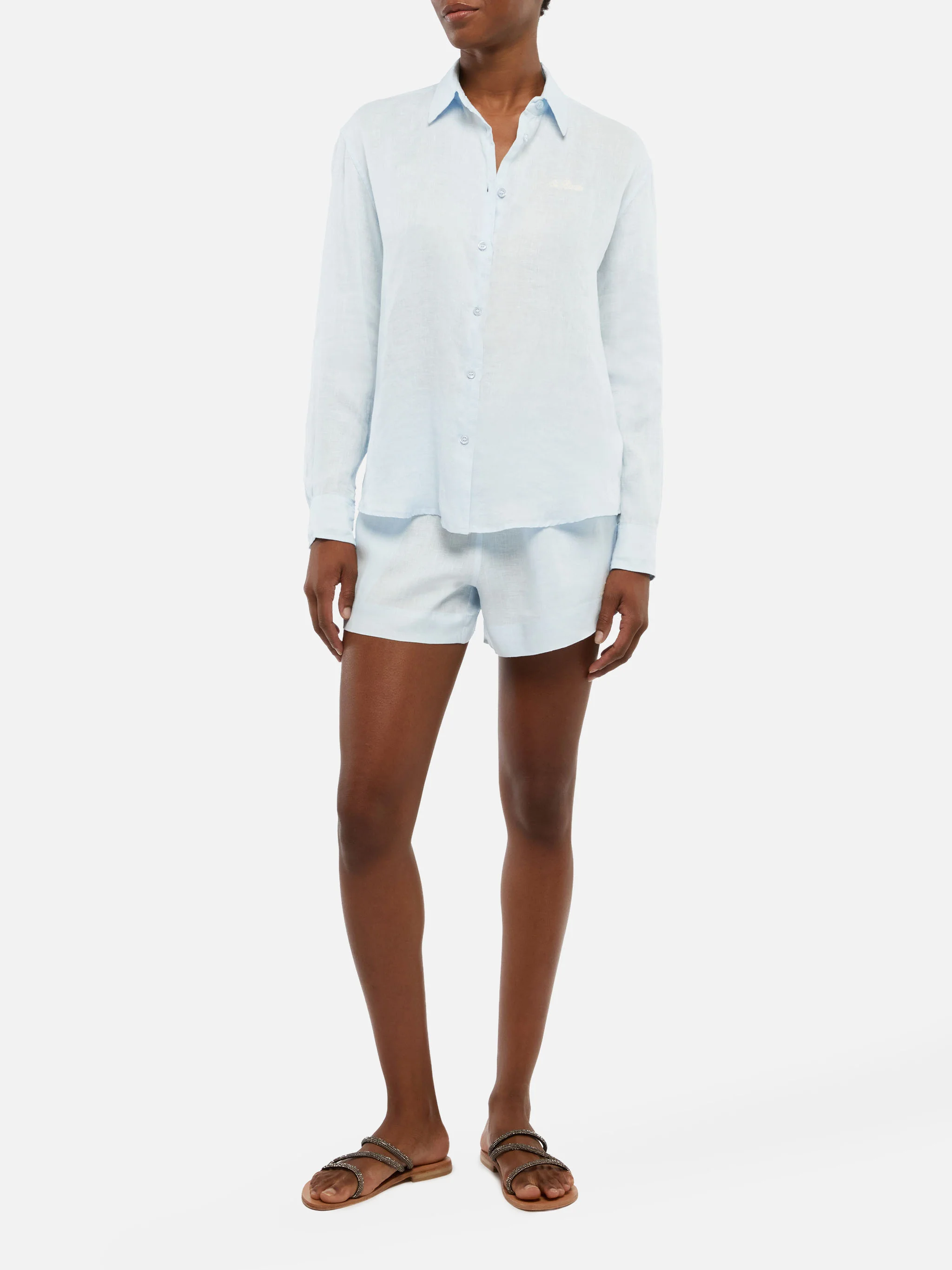 Meave light blue linen pull up shorts - Image 2