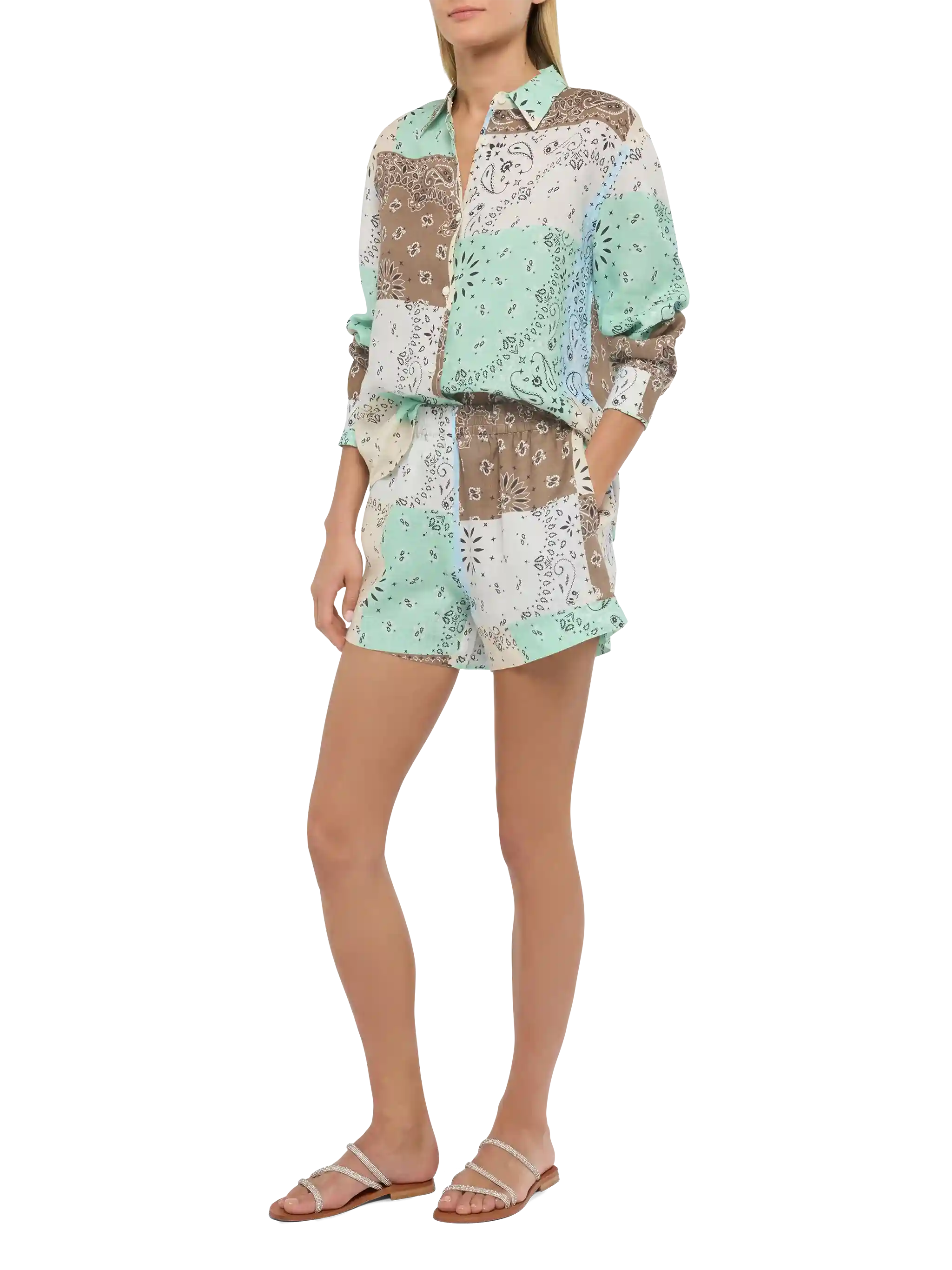Meave linen pull up shorts with bandana patch print - Image 2