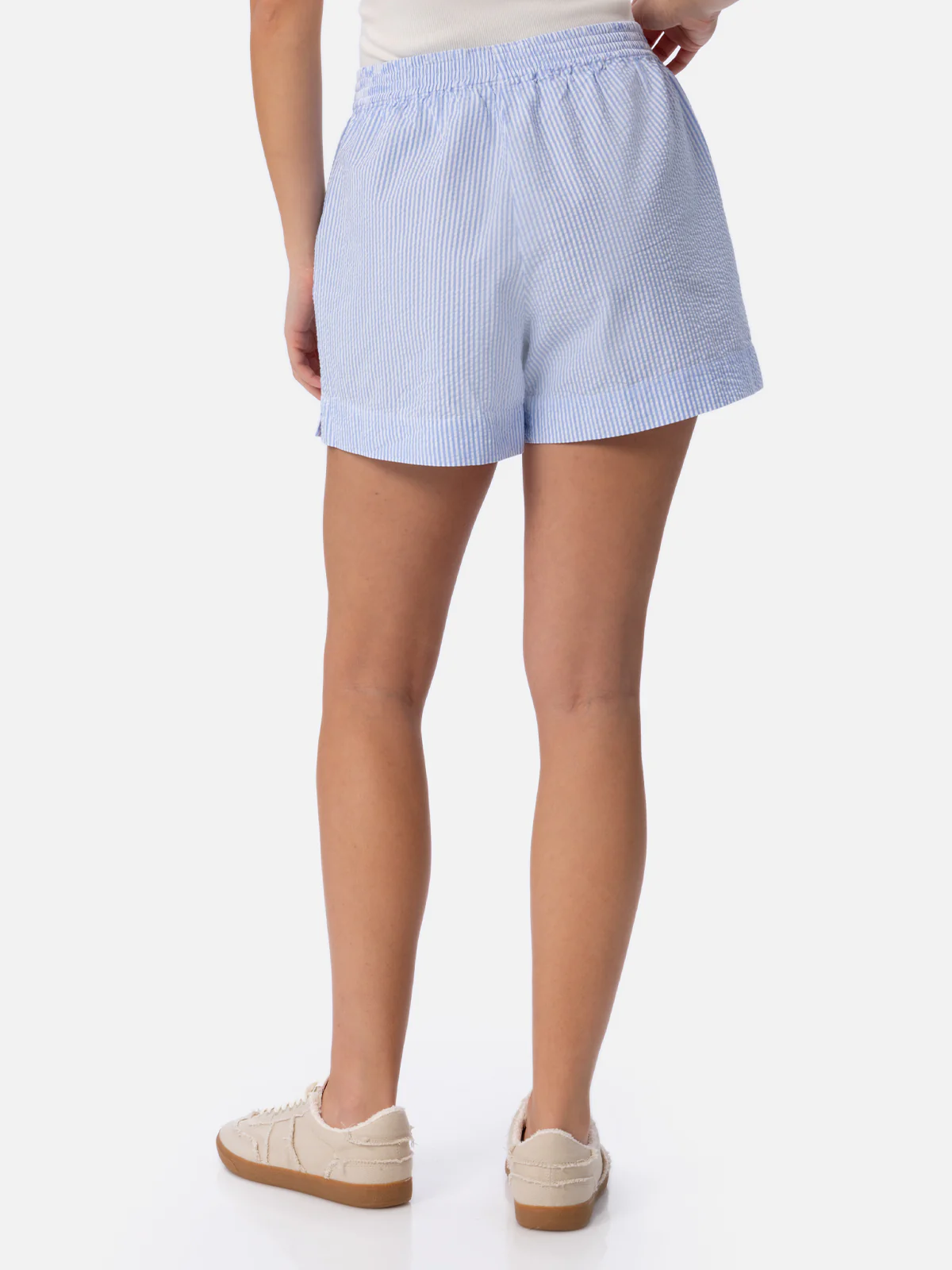 Meave seersucker cotton pull-up shorts with light blue striped print - Image 3