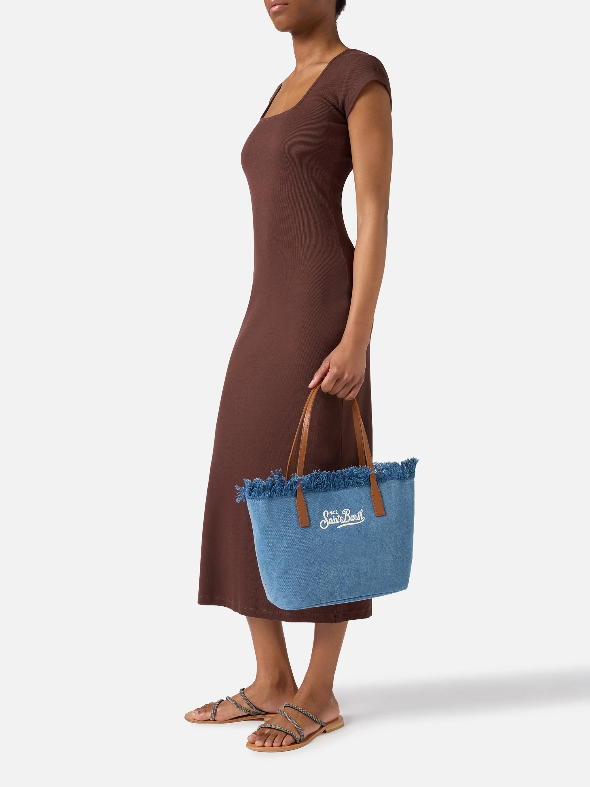 Medium City shopper bag in denim fabric with fringes - Image 2