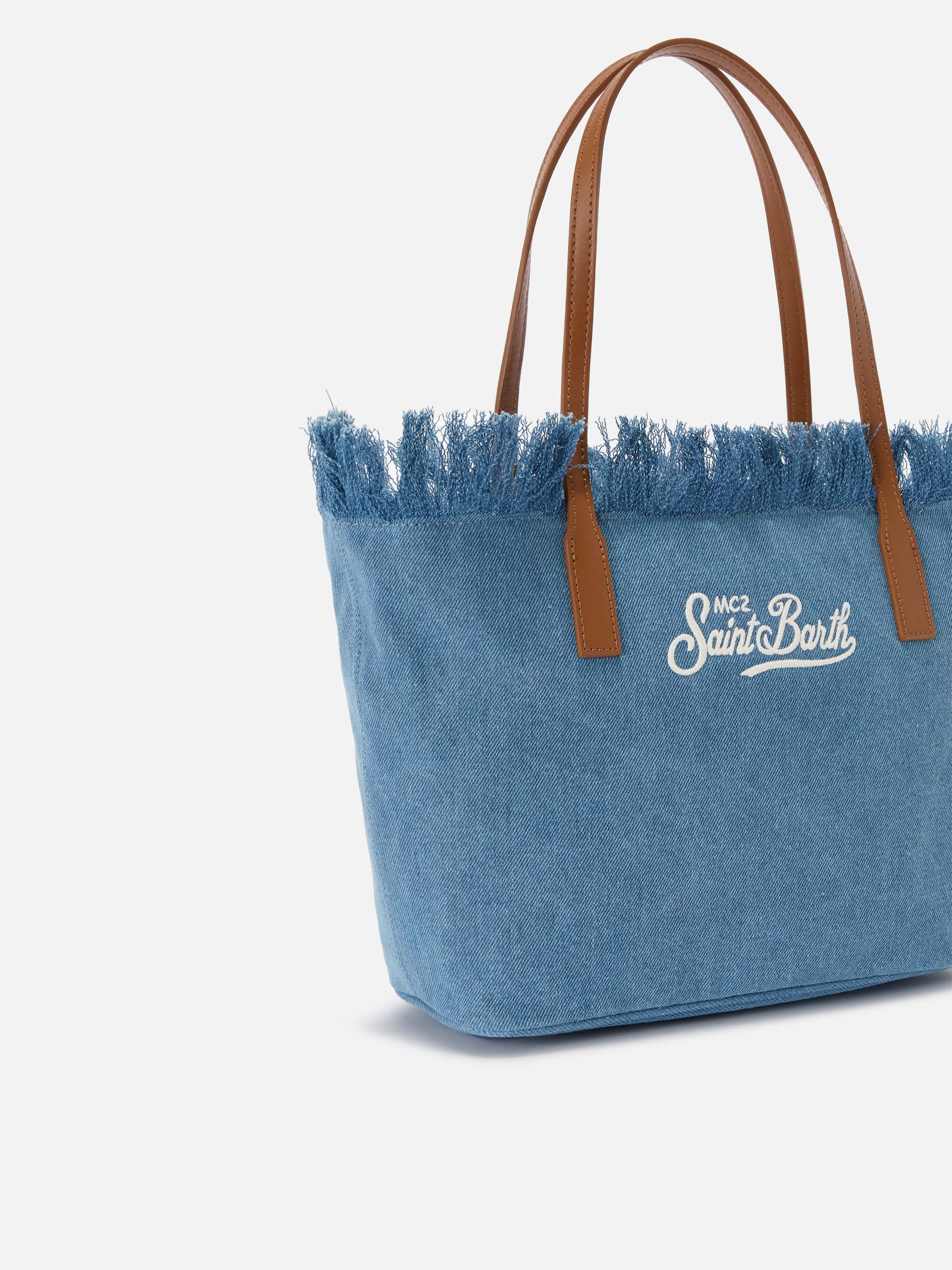 Medium City shopper bag in denim fabric with fringes - Image 3