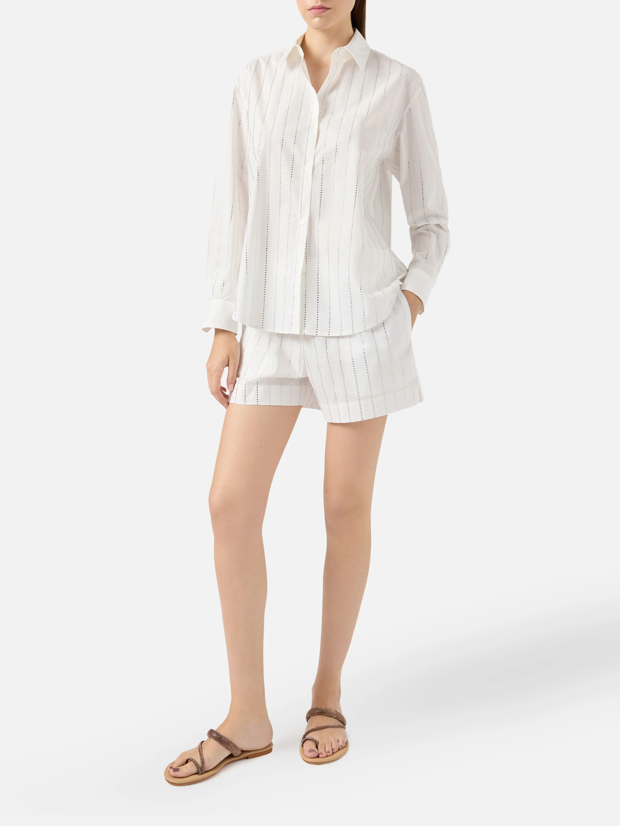 Meredith cotton popeline classic shirt with striped rhinestone embellishment - Image 4