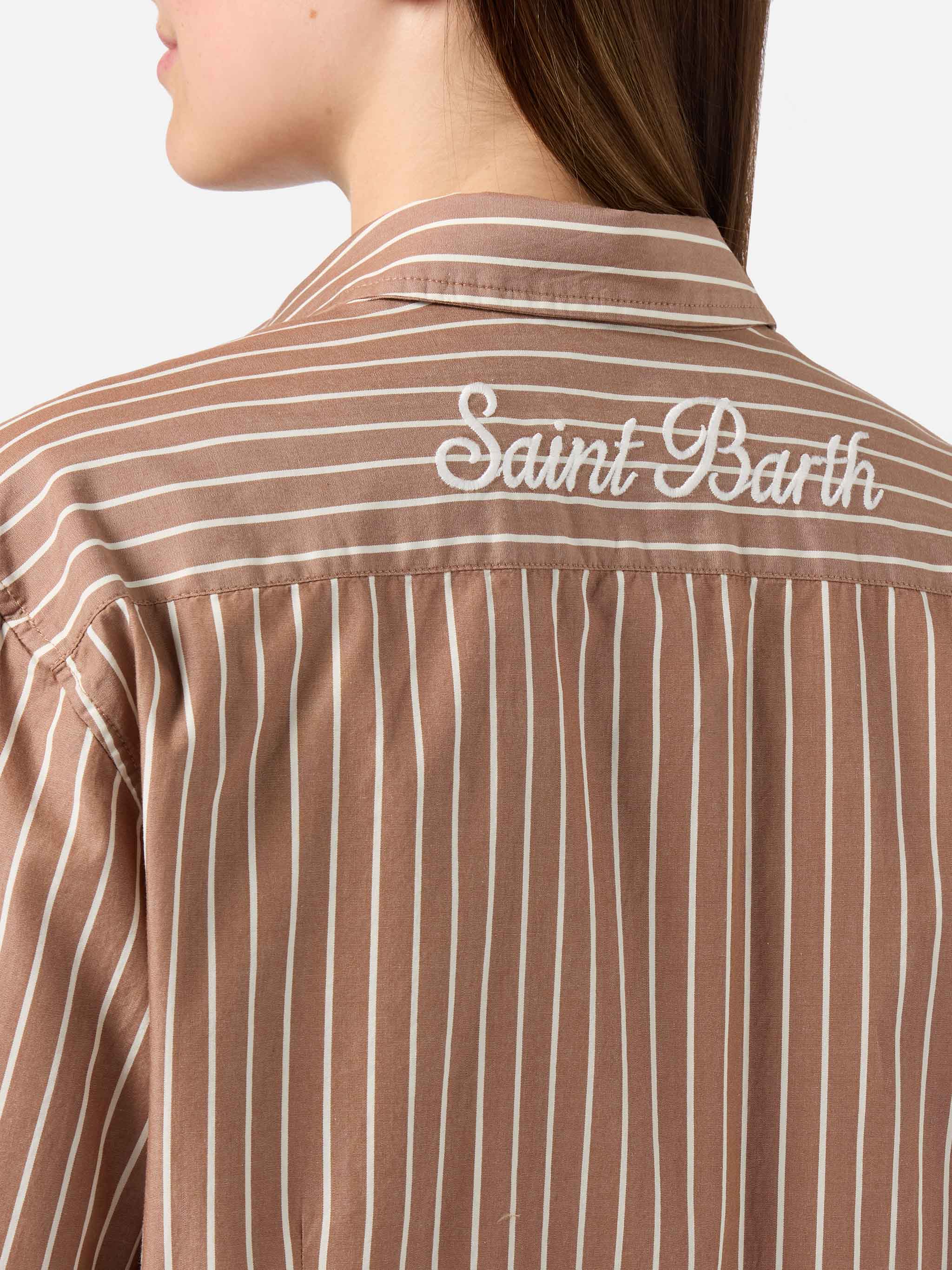 Meredith cotton shirt with brown stripes and Saint Barth embroidery - Image 2