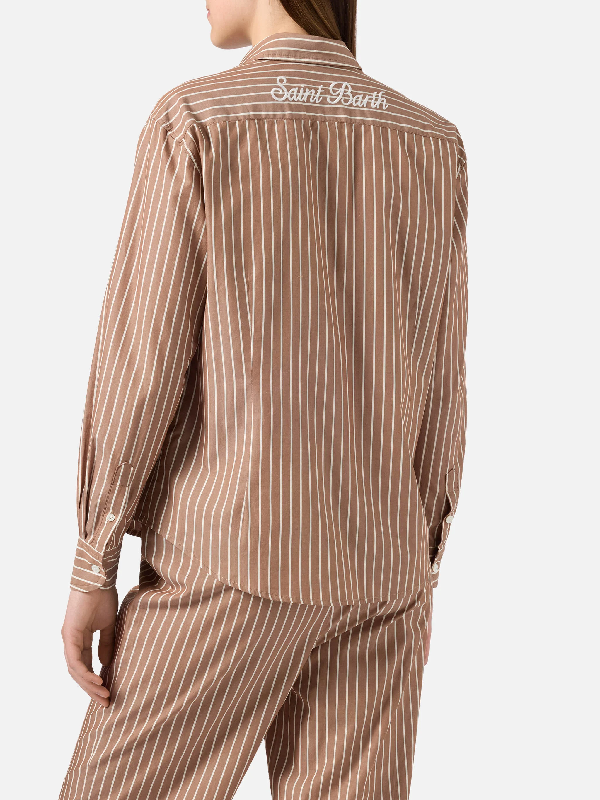 Meredith cotton shirt with brown stripes and Saint Barth embroidery - Image 3