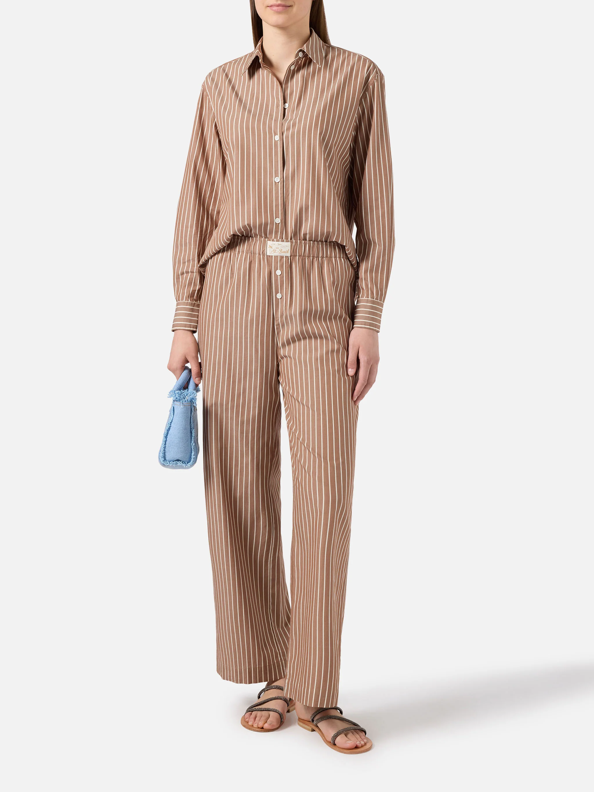 Meredith cotton shirt with brown stripes and Saint Barth embroidery - Image 4