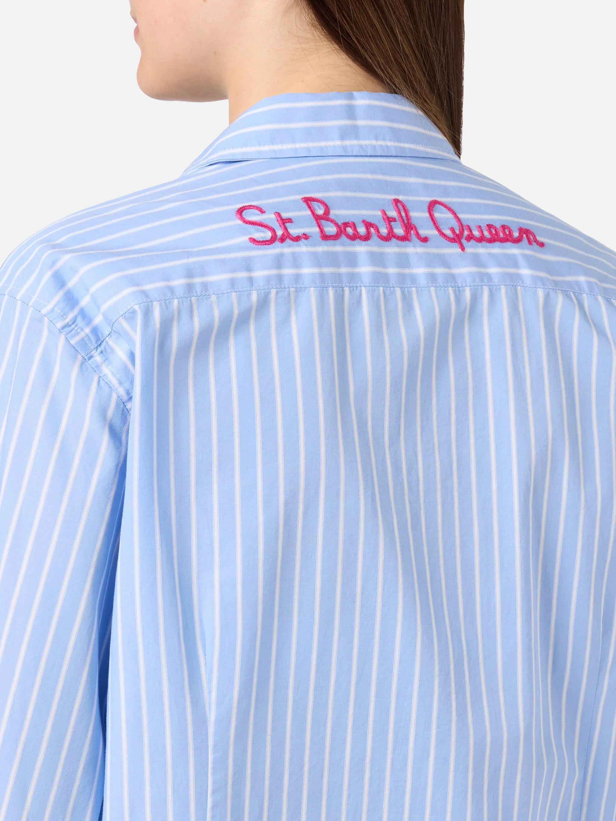 Meredith cotton shirt with light blue stripes and St. Barth Queen embroidery - Image 2