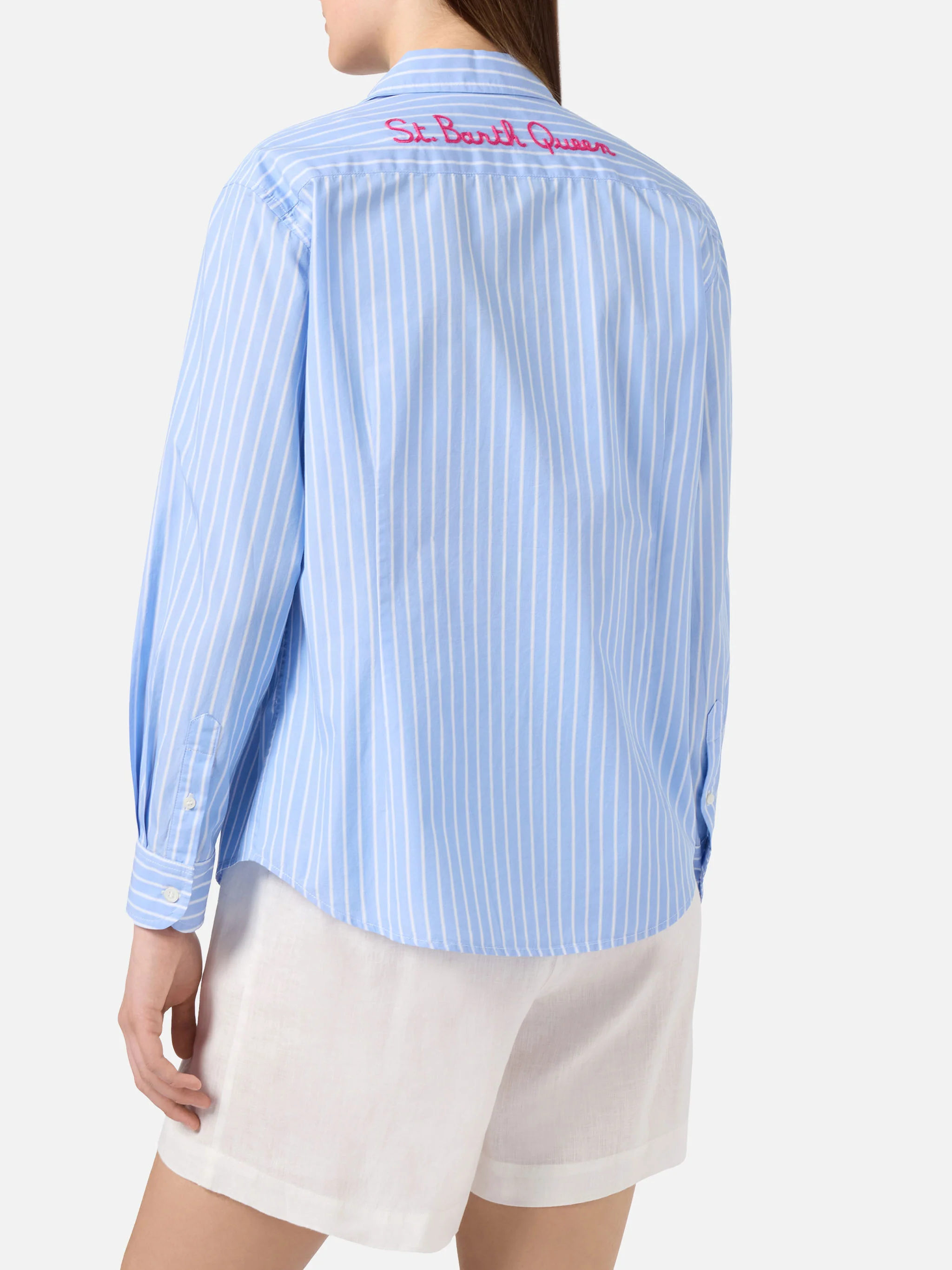 Meredith cotton shirt with light blue stripes and St. Barth Queen embroidery - Image 3