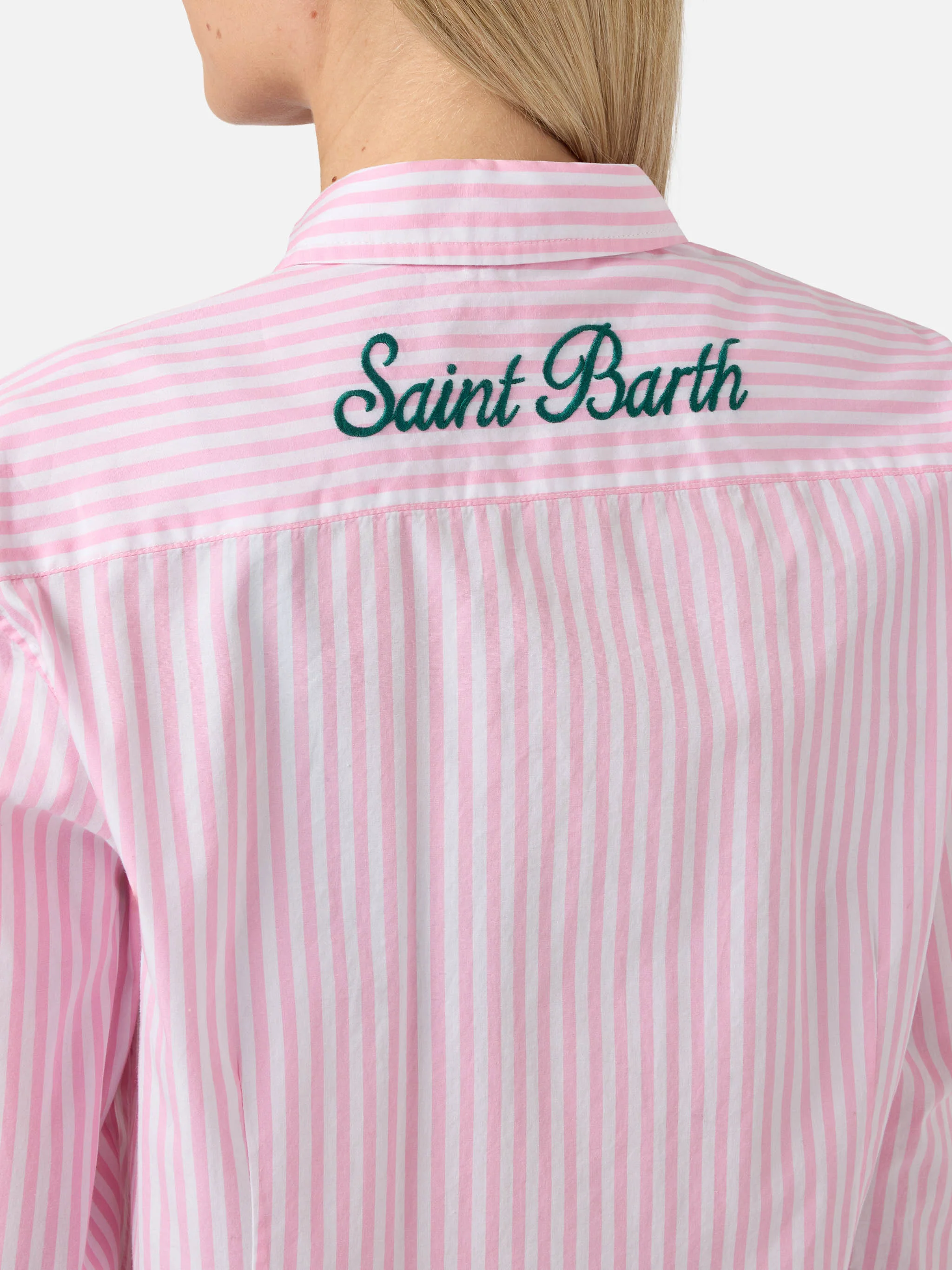 Meredith cotton shirt with pink stripes and Saint Barth embroidery - Image 2
