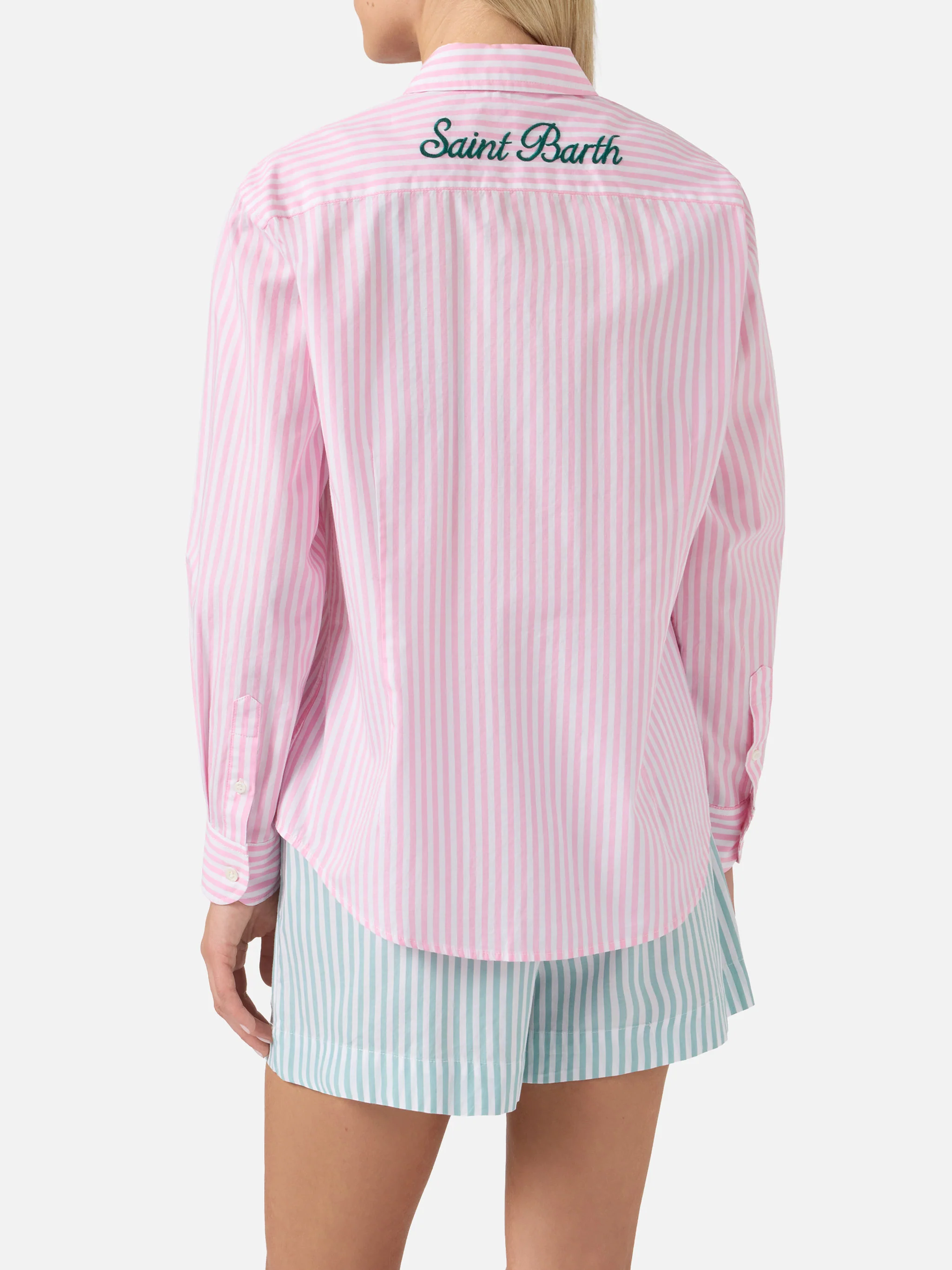 Meredith cotton shirt with pink stripes and Saint Barth embroidery - Image 3
