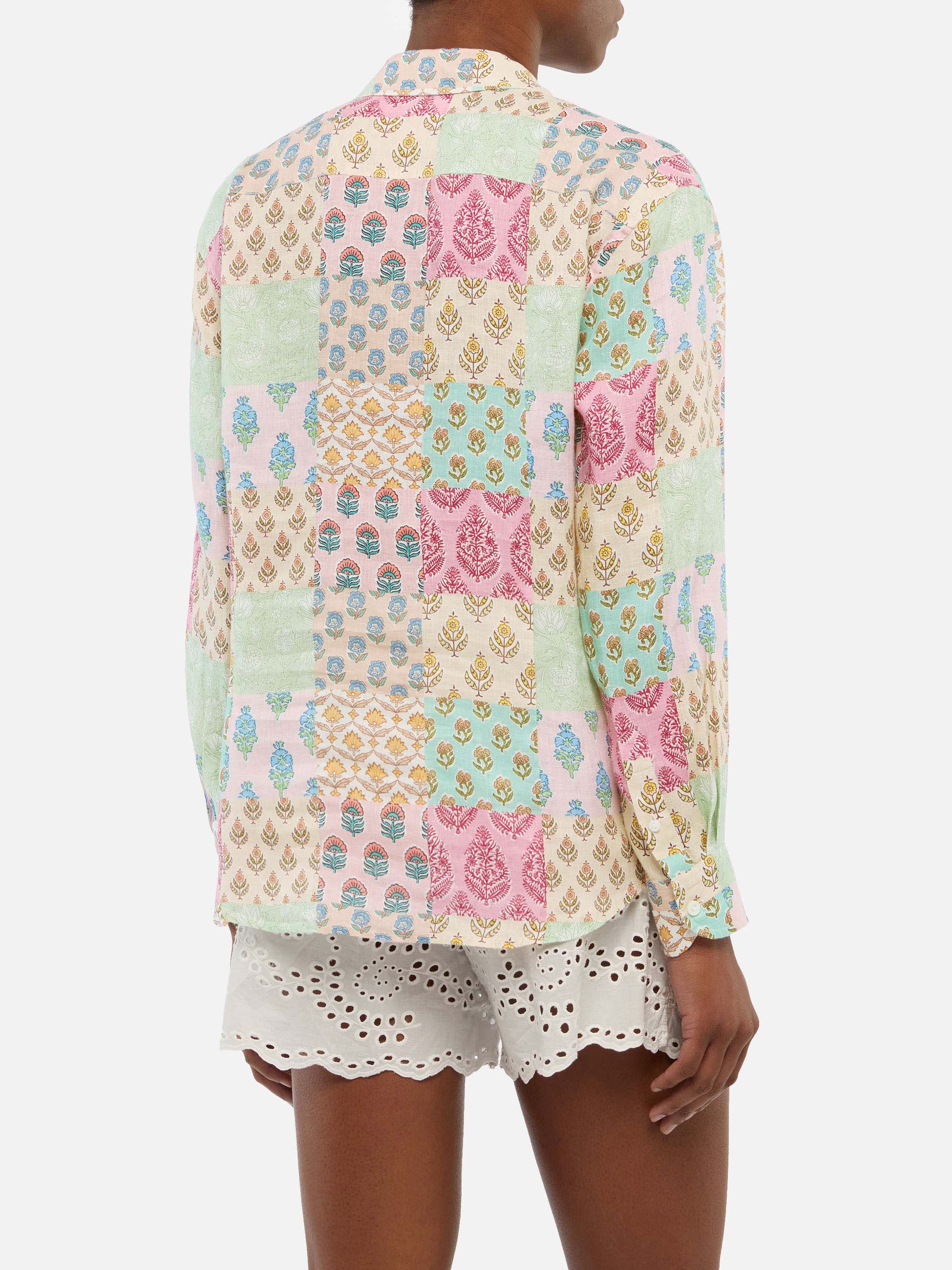 Meredith linen classic shirt with floral patch print - Image 3