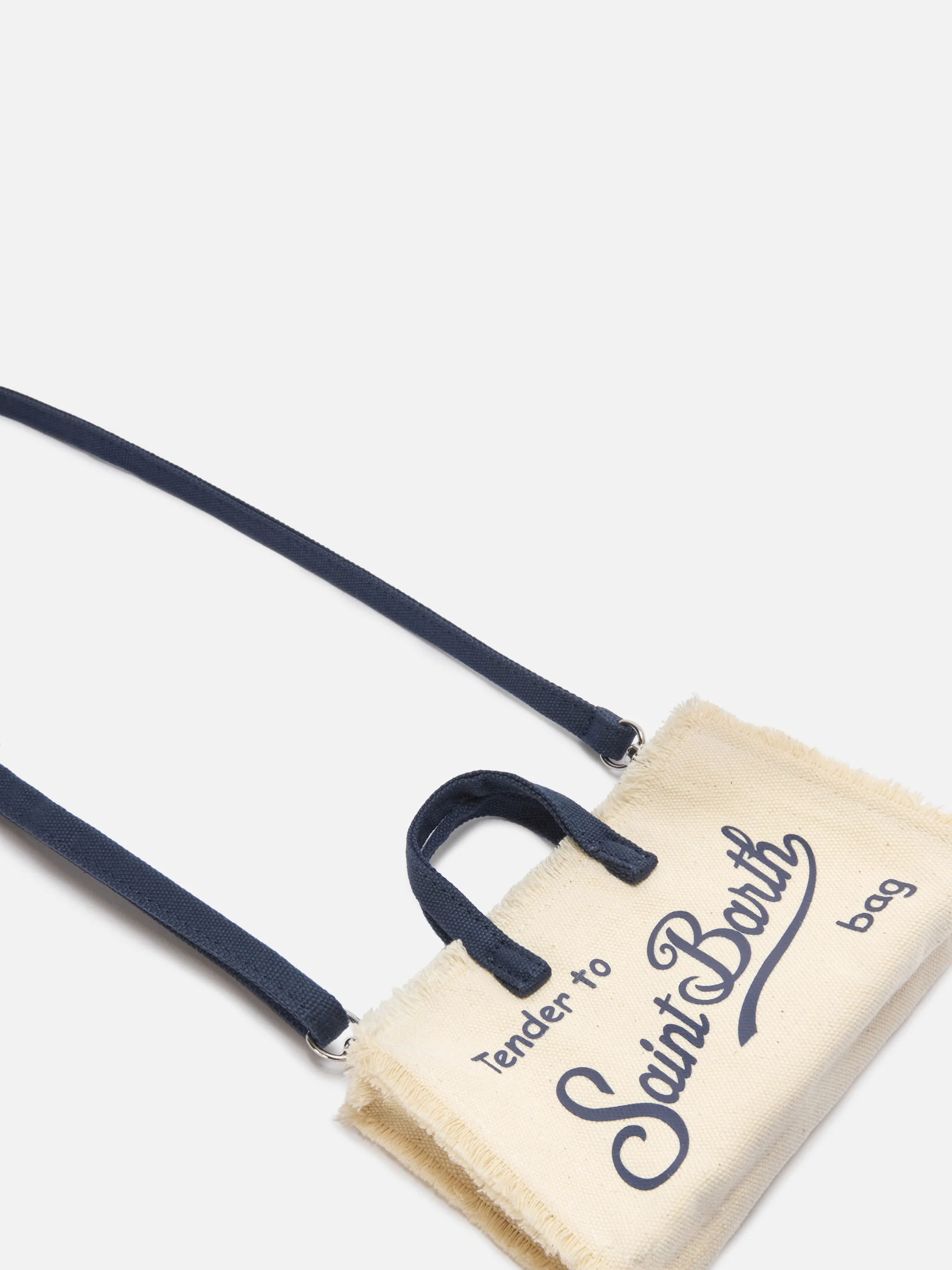 micro Phone canvas bag in white with blue details and contrasting logo - Image 2