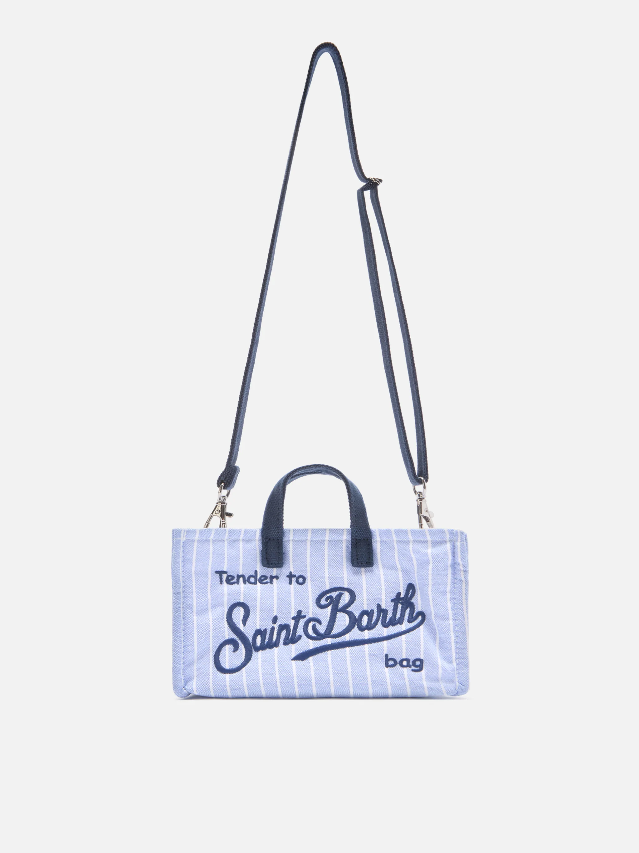 Micro Phone canvas bag with white and light blue stripes and contrasting logo