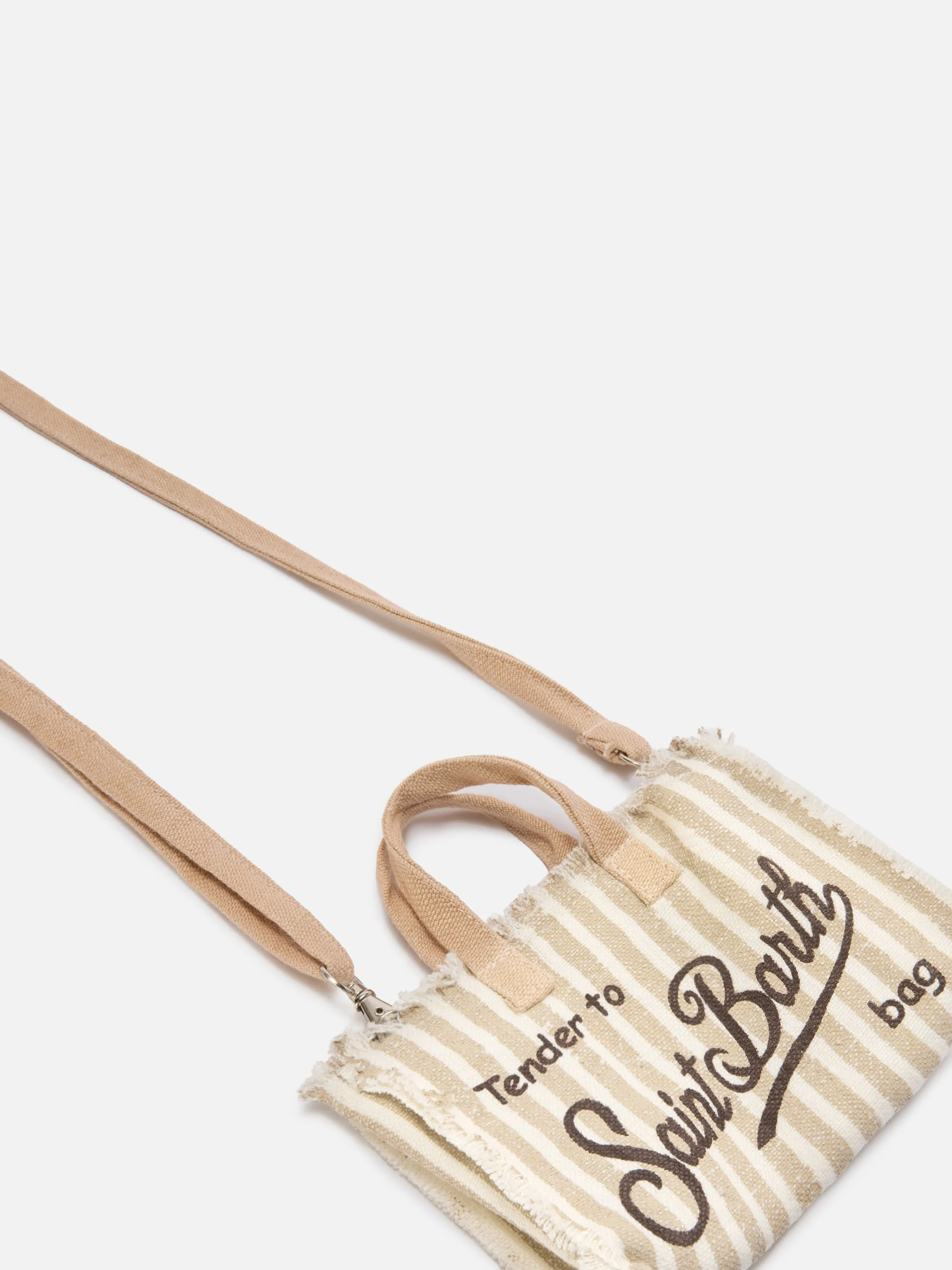 micro Phone linen bag with beige and white stripes and contrasting logo - Image 2