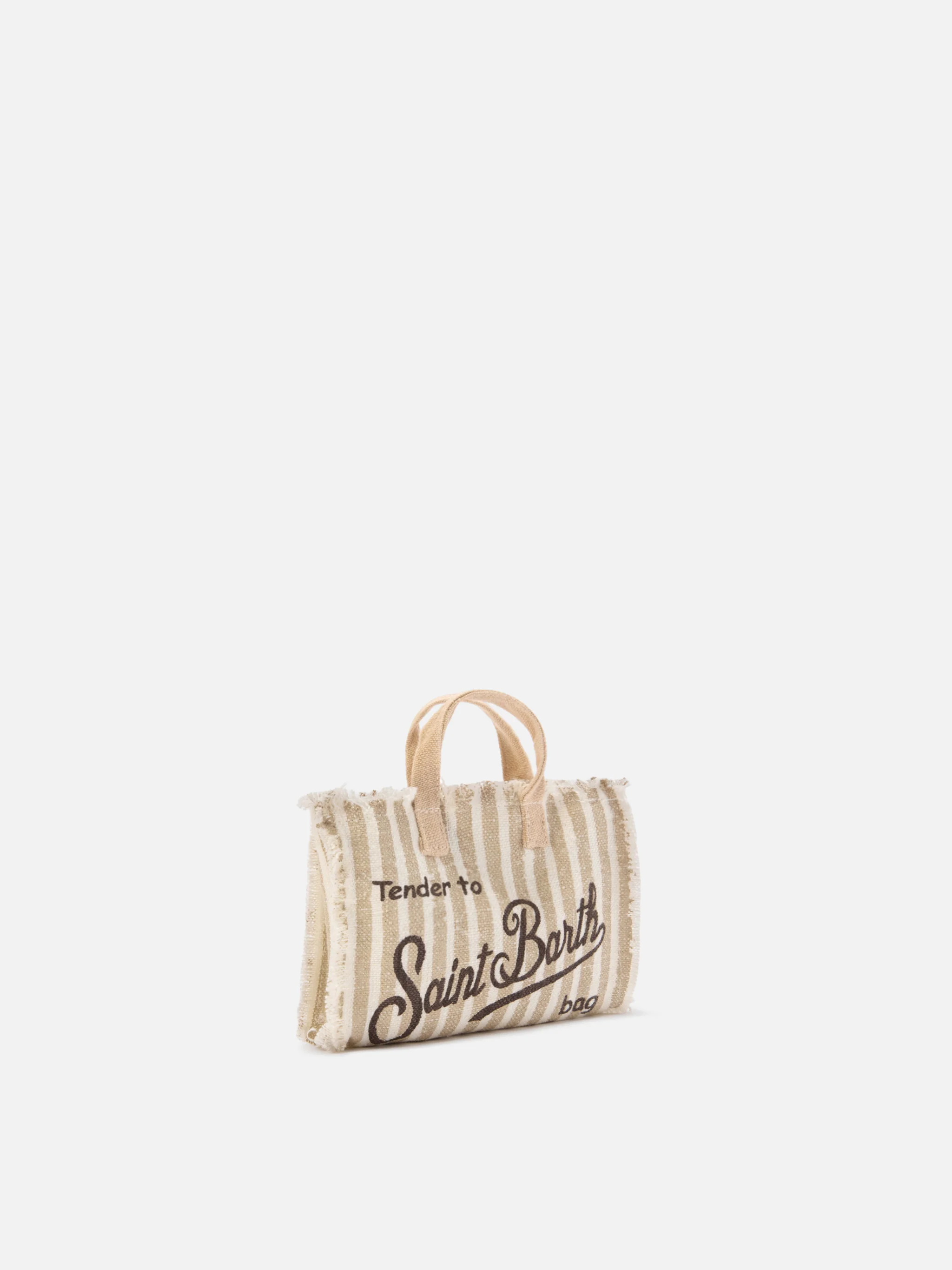 micro Phone linen bag with beige and white stripes and contrasting logo - Image 3