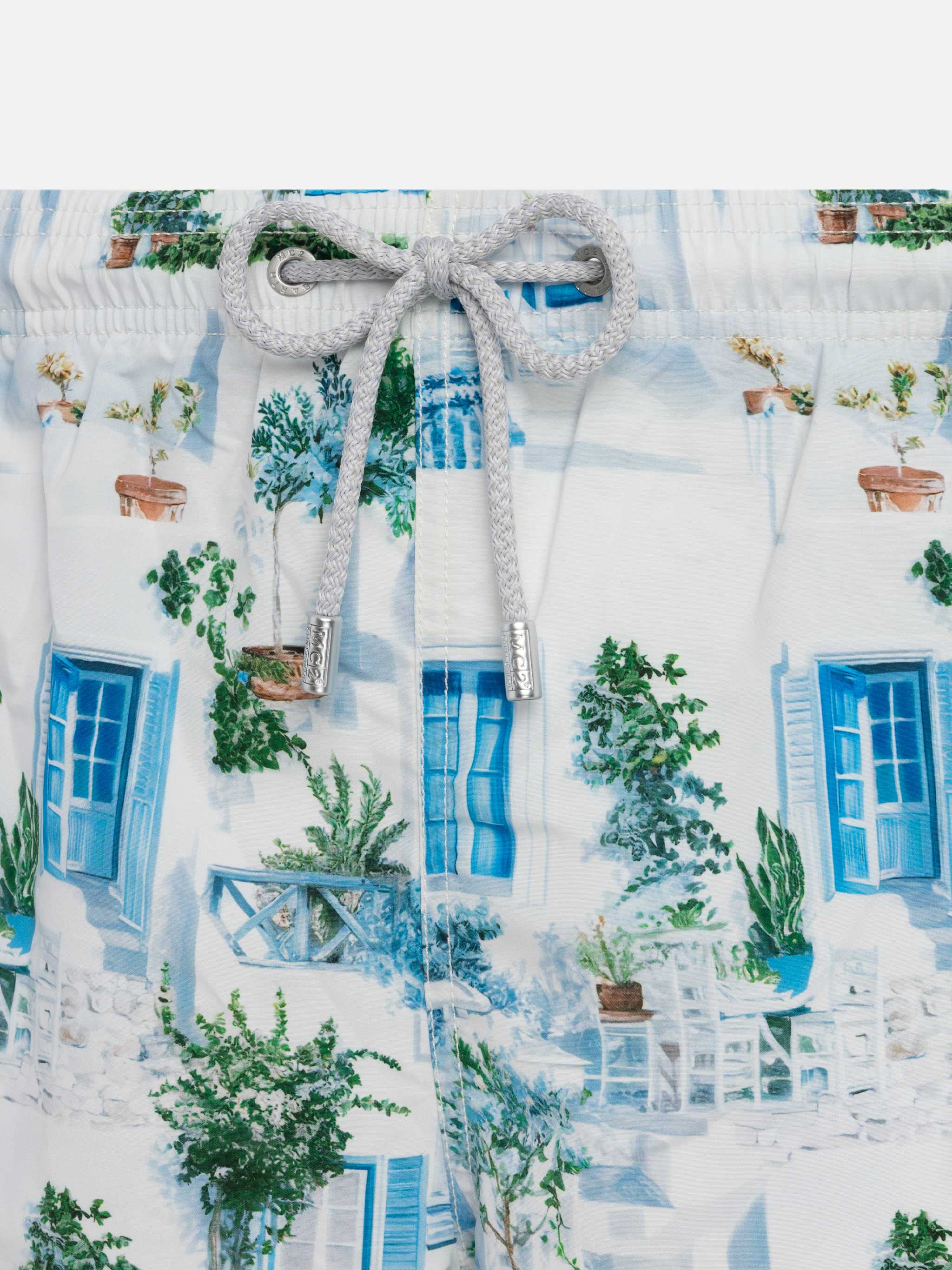 Mid-length Gustavia swim-shorts with Greek house print | AI CO-CREATED DESIGN BY RICKDICK - POWERED BY RED-EYE - Image 3