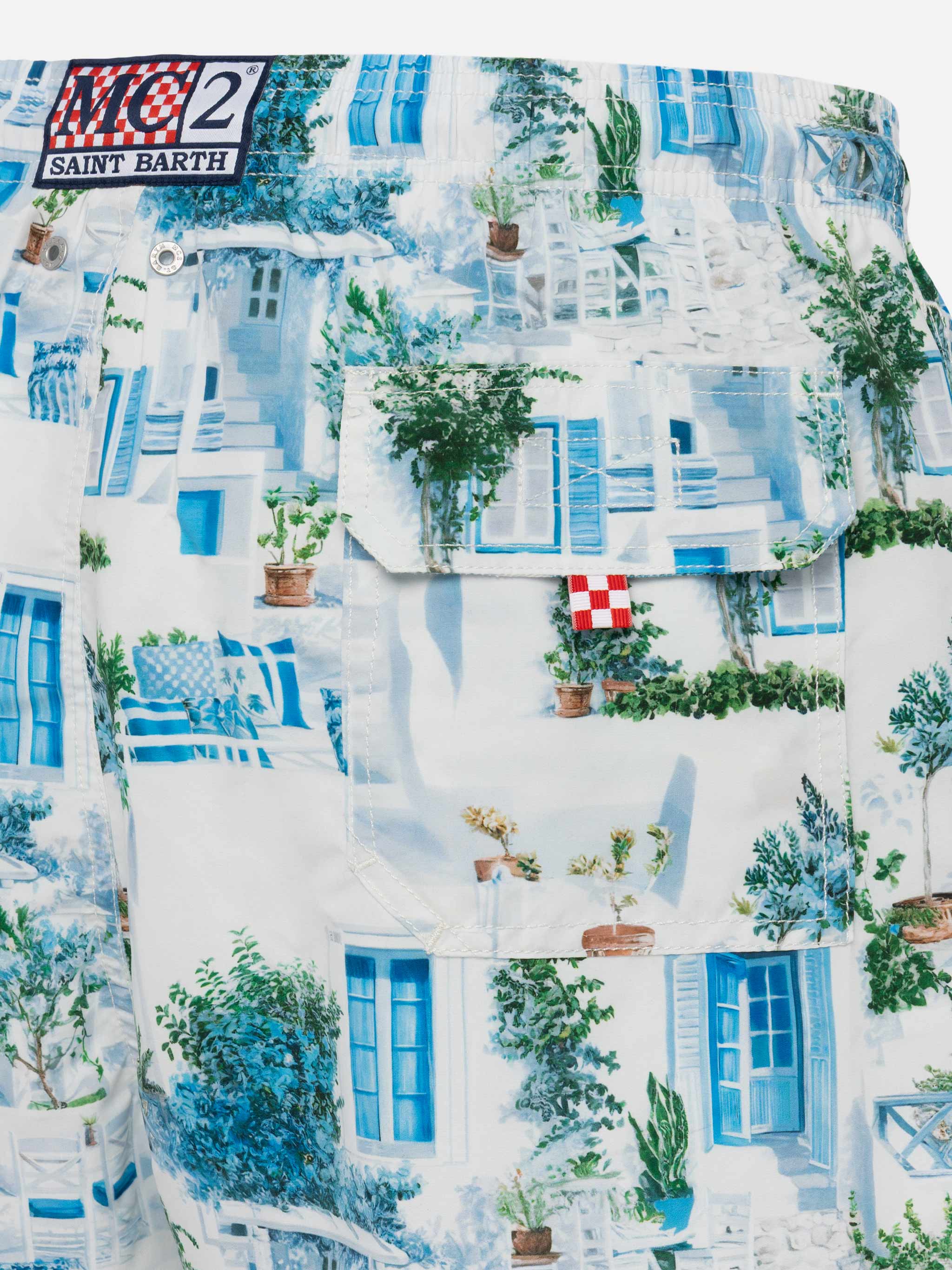 Mid-length Gustavia swim-shorts with Greek house print | AI CO-CREATED DESIGN BY RICKDICK - POWERED BY RED-EYE - Image 4