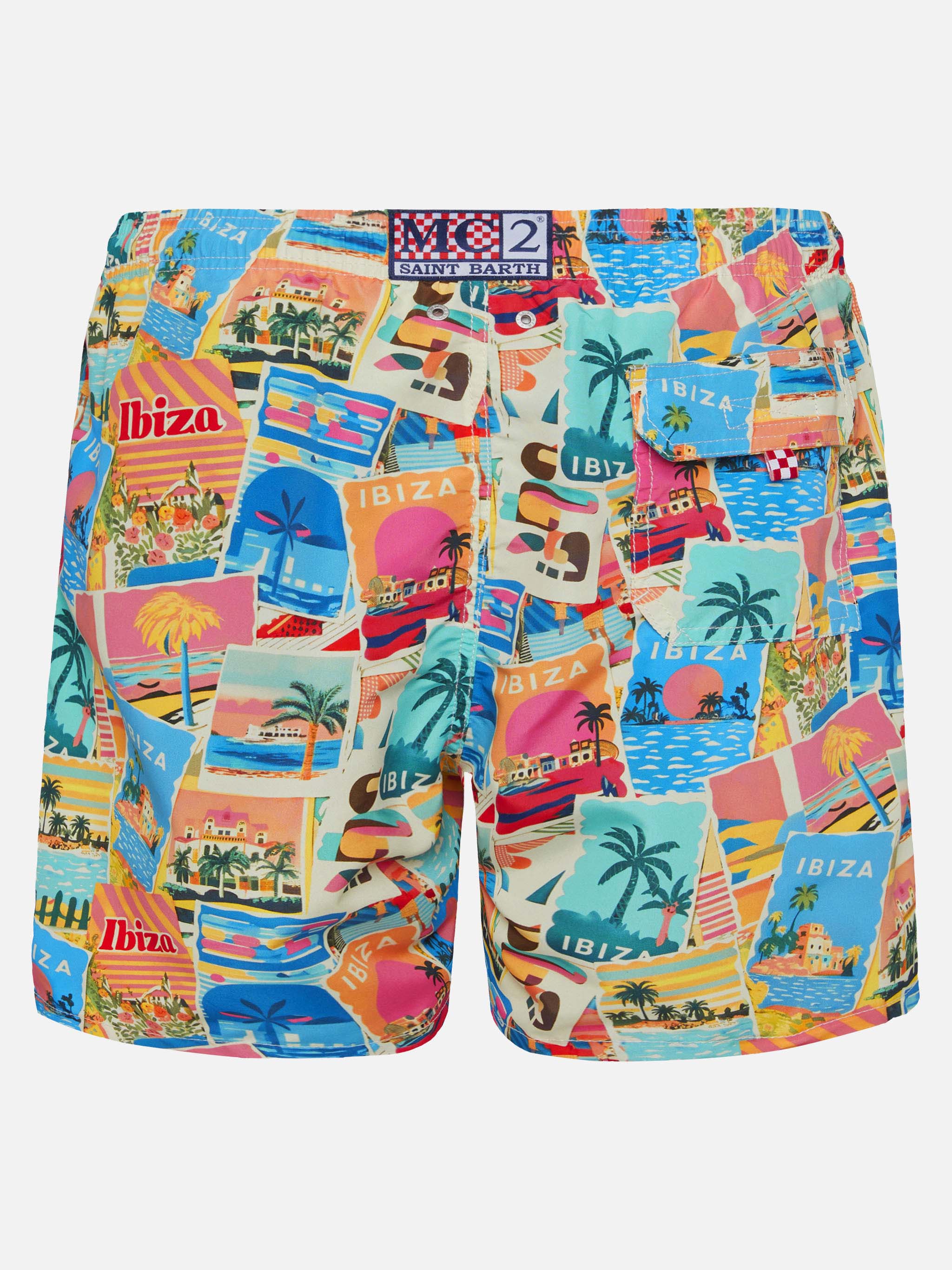 Mid-length Gustavia swim-shorts with Ibiza postcard print | AI CO-CREATED DESIGN BY RICKDICK - POWERED BY RED-EYE - Image 2