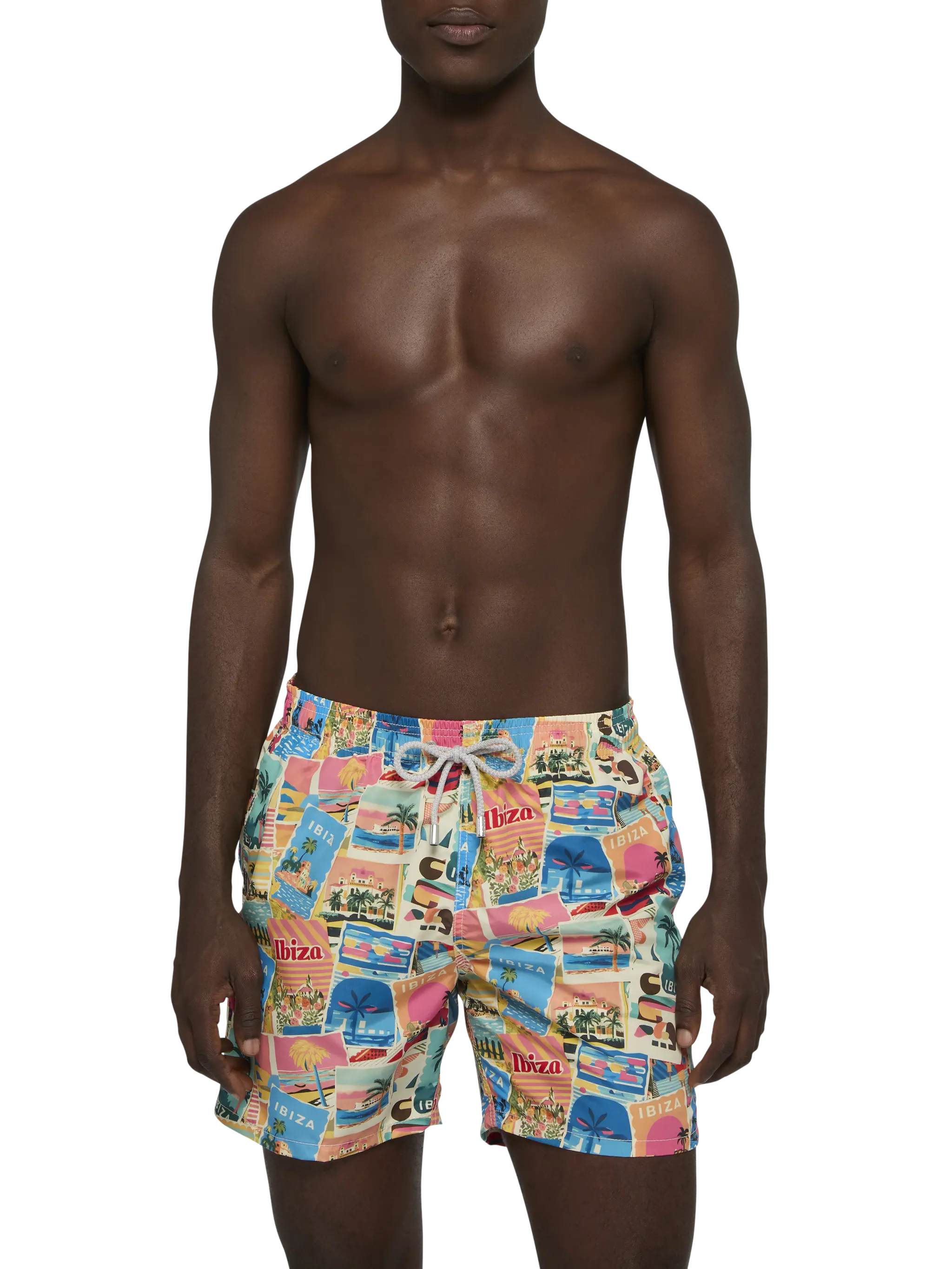 Mid-length Gustavia swim-shorts with Ibiza postcard print | AI CO-CREATED DESIGN BY RICKDICK - POWERED BY RED-EYE - Image 3