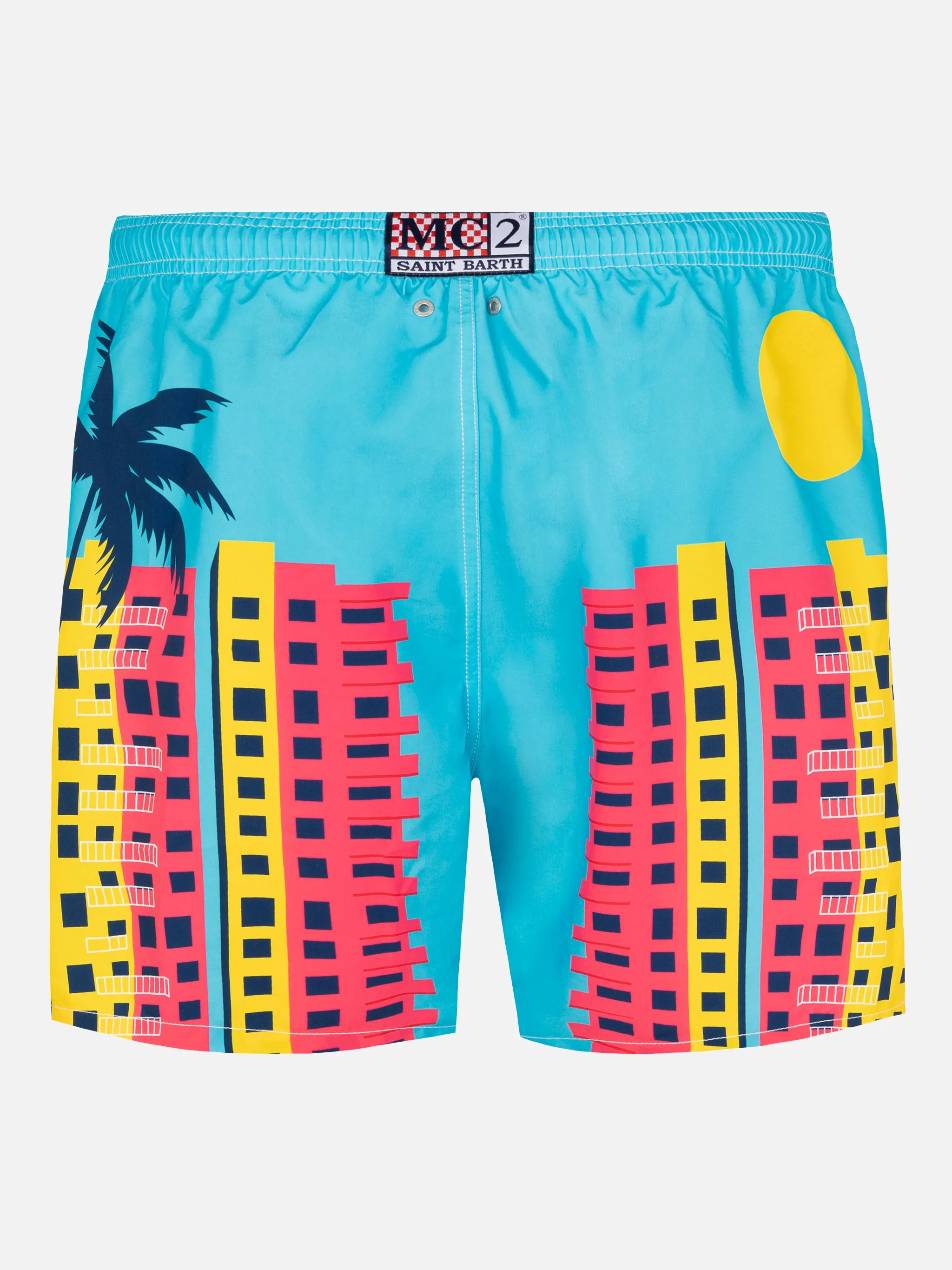 Mid-length Gustavia swim-shorts with Miami postcard placed print - Image 2