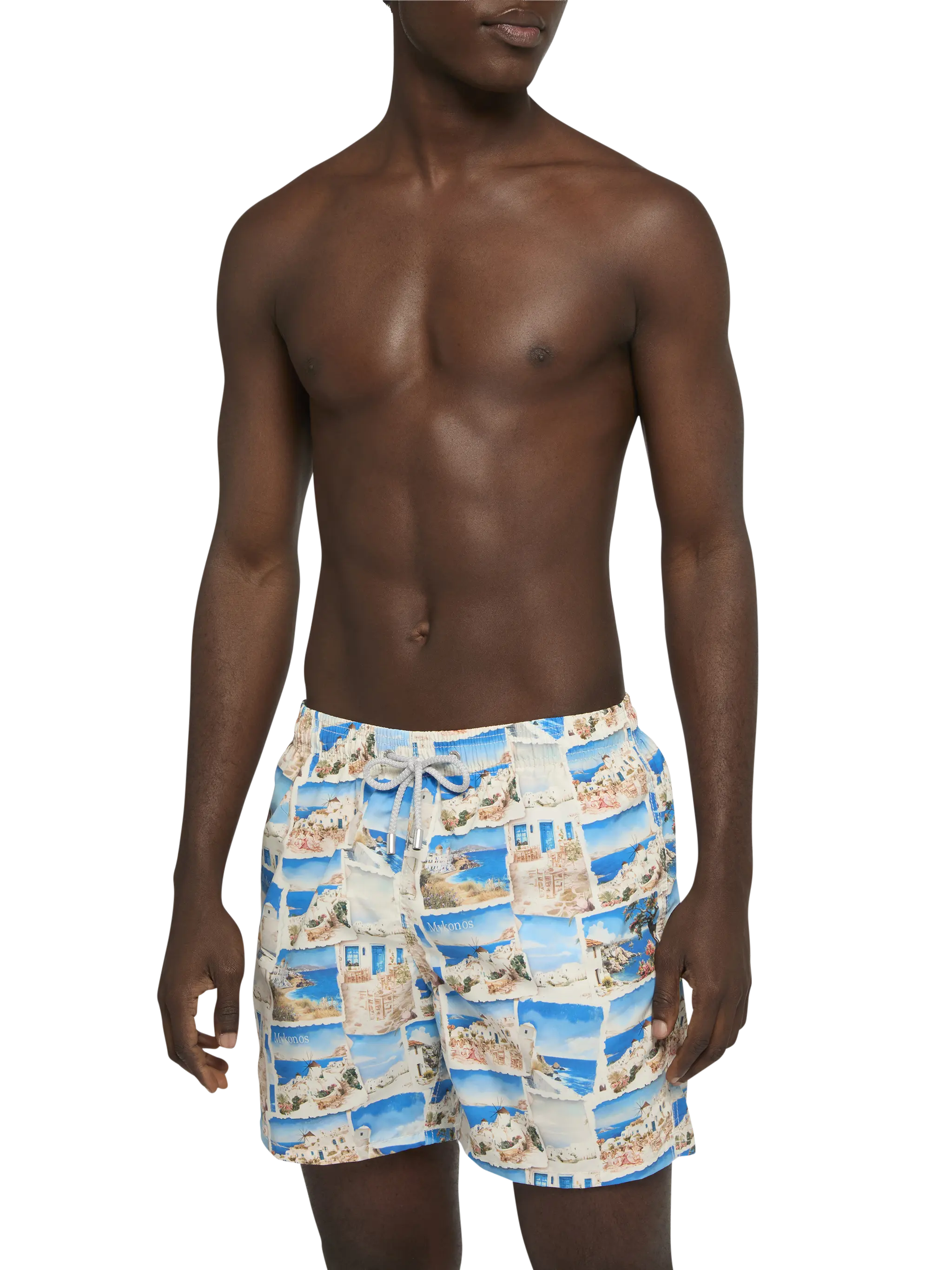 Mid-length Gustavia swim-shorts with Mykonos postcard print | AI CO-CREATED DESIGN BY RICKDICK - POWERED BY RED-EYE - Image 3