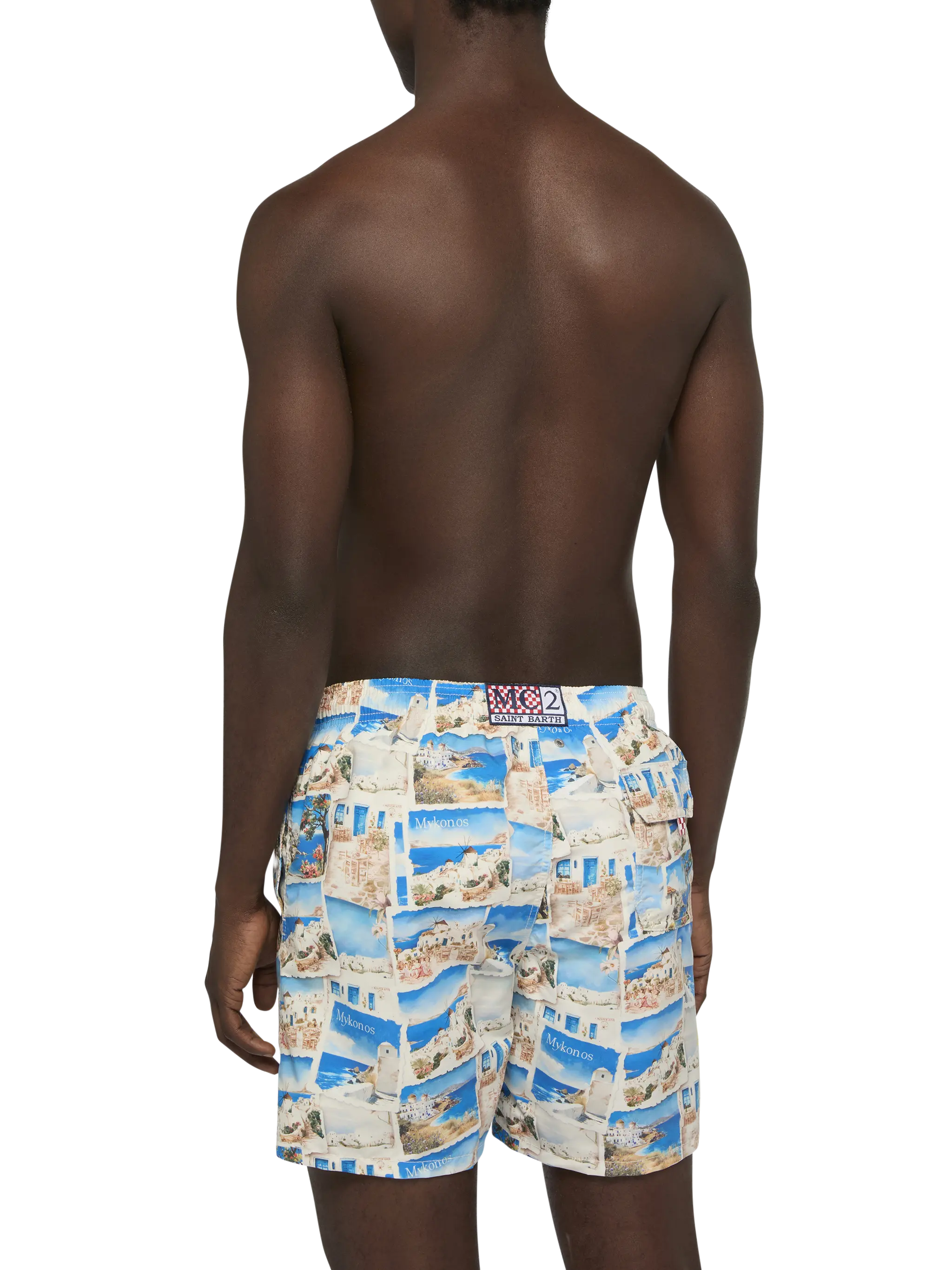 Mid-length Gustavia swim-shorts with Mykonos postcard print | AI CO-CREATED DESIGN BY RICKDICK - POWERED BY RED-EYE - Image 5