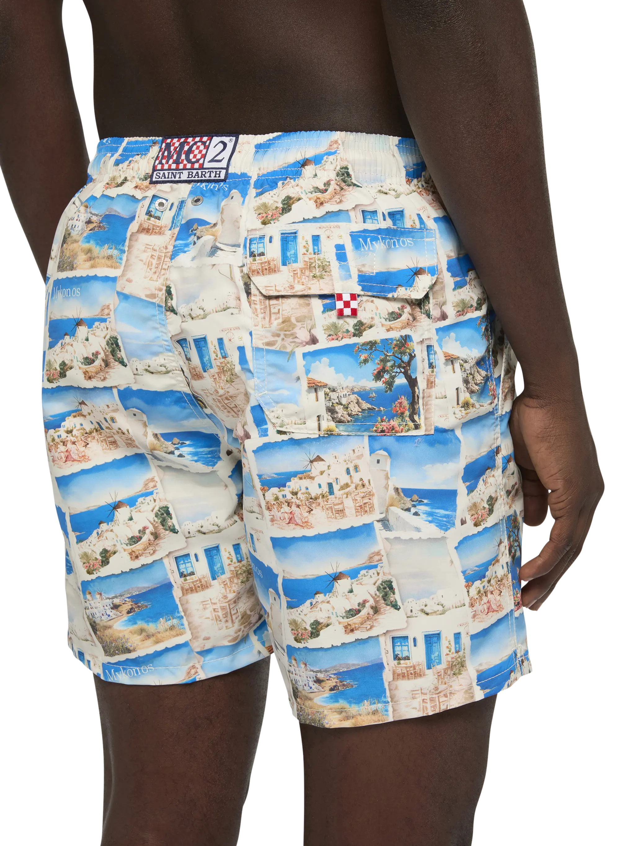Mid-length Gustavia swim-shorts with Mykonos postcard print | AI CO-CREATED DESIGN BY RICKDICK - POWERED BY RED-EYE - Image 6