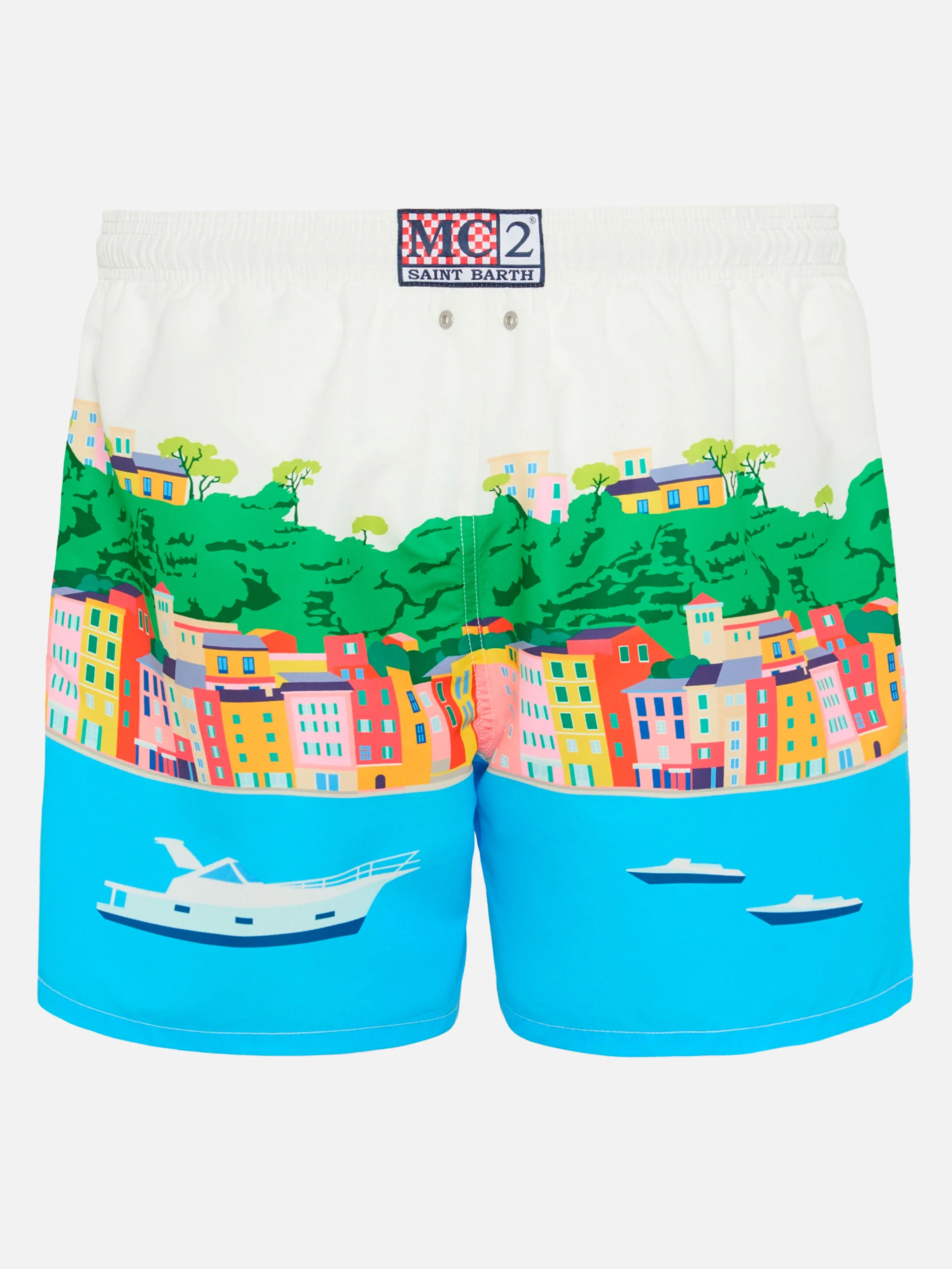 Mid-length Gustavia swim-shorts with Portofino postcard placed print - Image 2