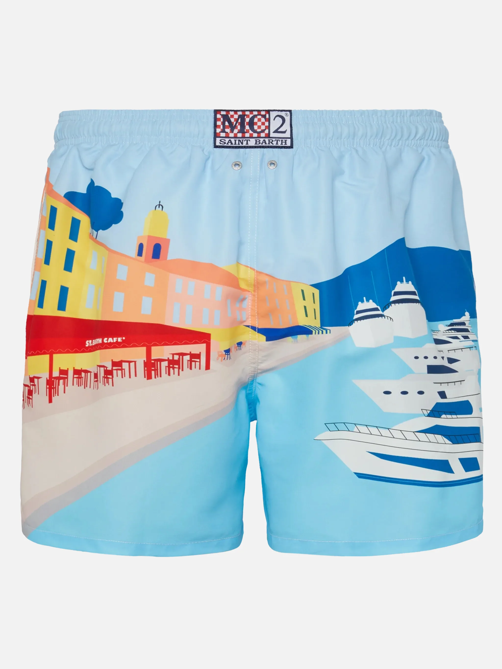 Mid-length Gustavia swim-shorts with St. Tropez postcard placed print - Image 2