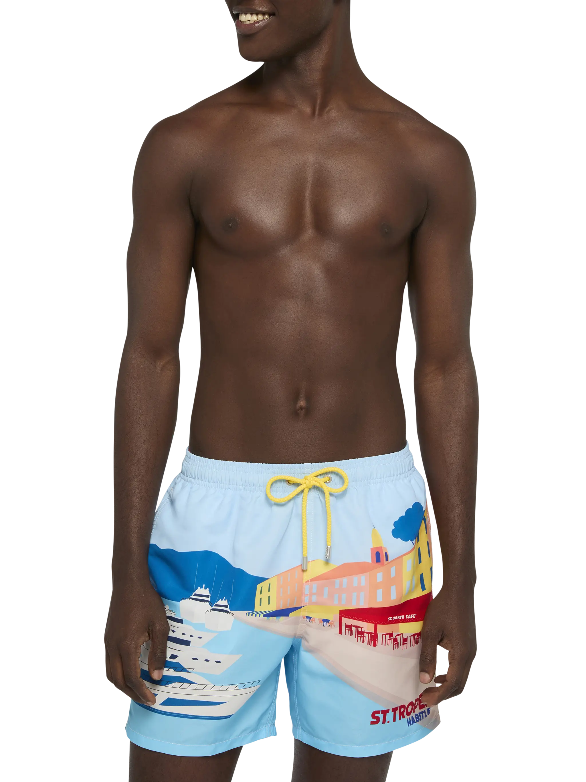 Mid-length Gustavia swim-shorts with St. Tropez postcard placed print - Image 3