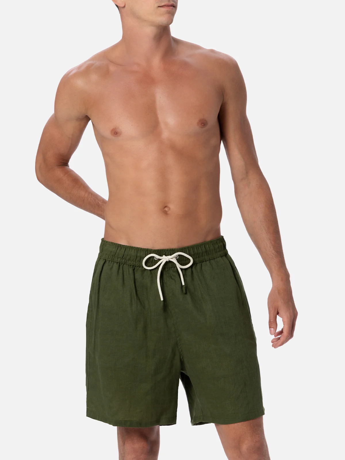 Gustavia military green plain-color linen swim shorts - Image 4