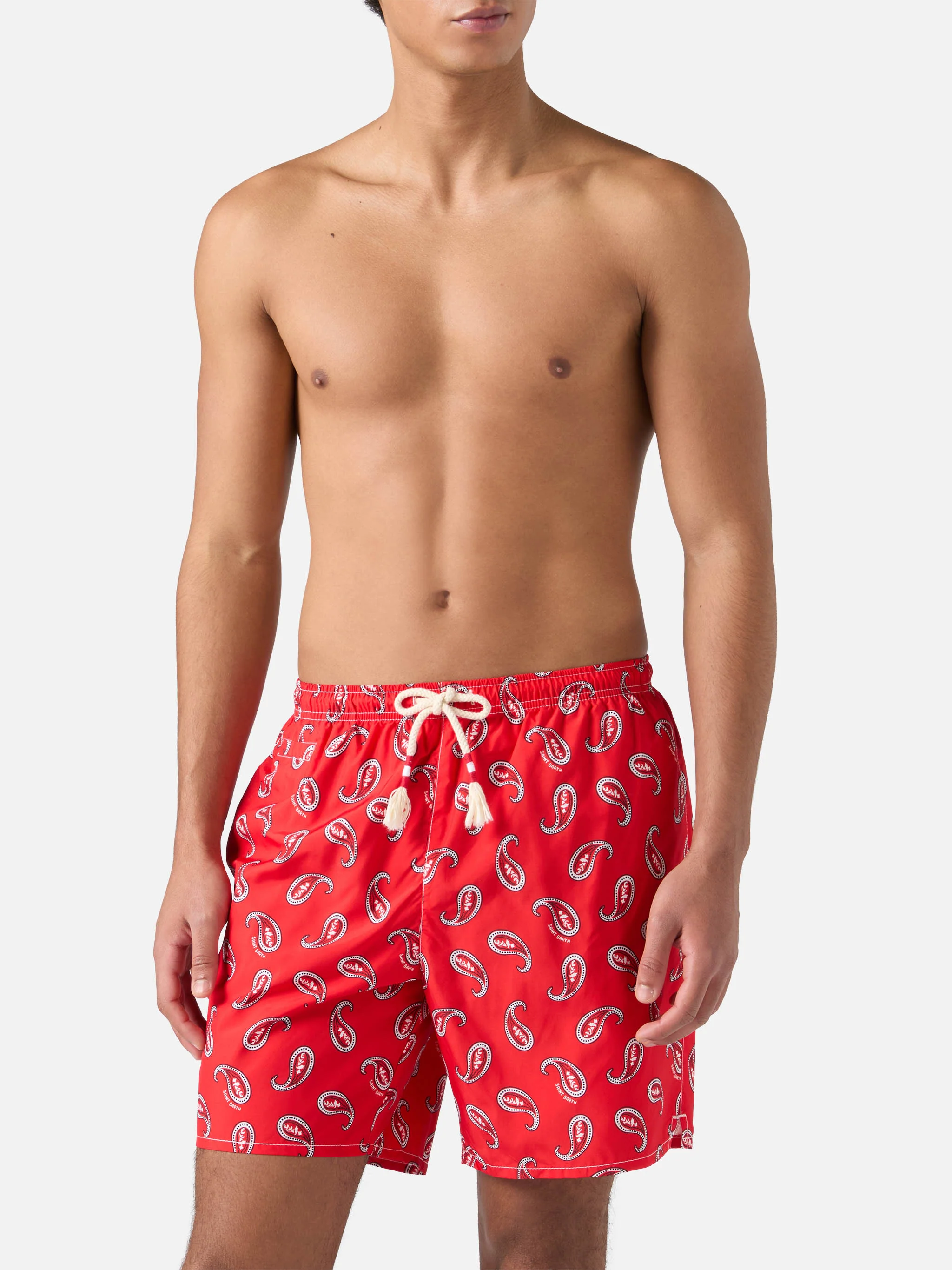 Mid-length swim-shorts Caprese with red paisley print - Image 3