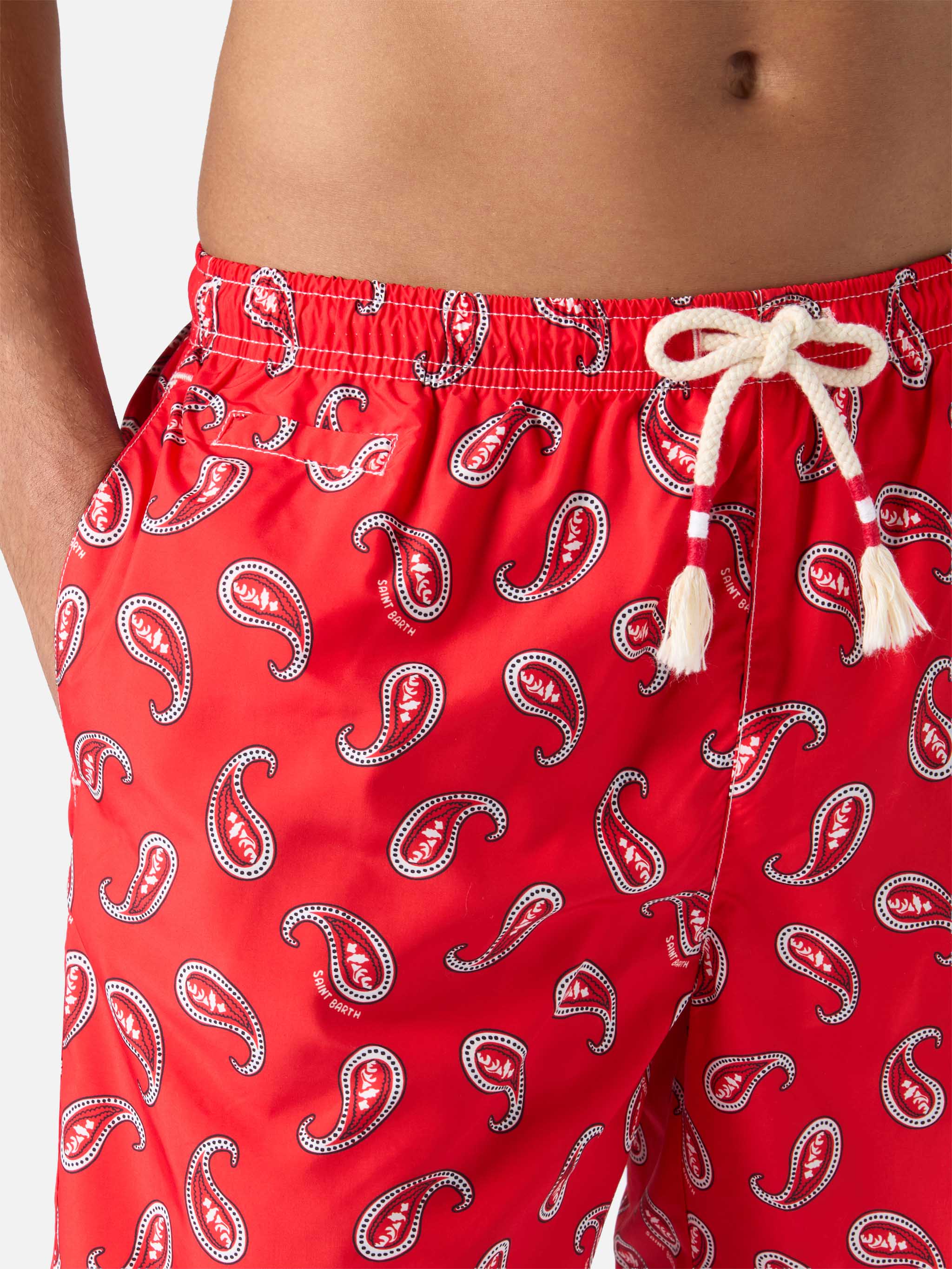 Mid-length swim-shorts Caprese with red paisley print - Image 4